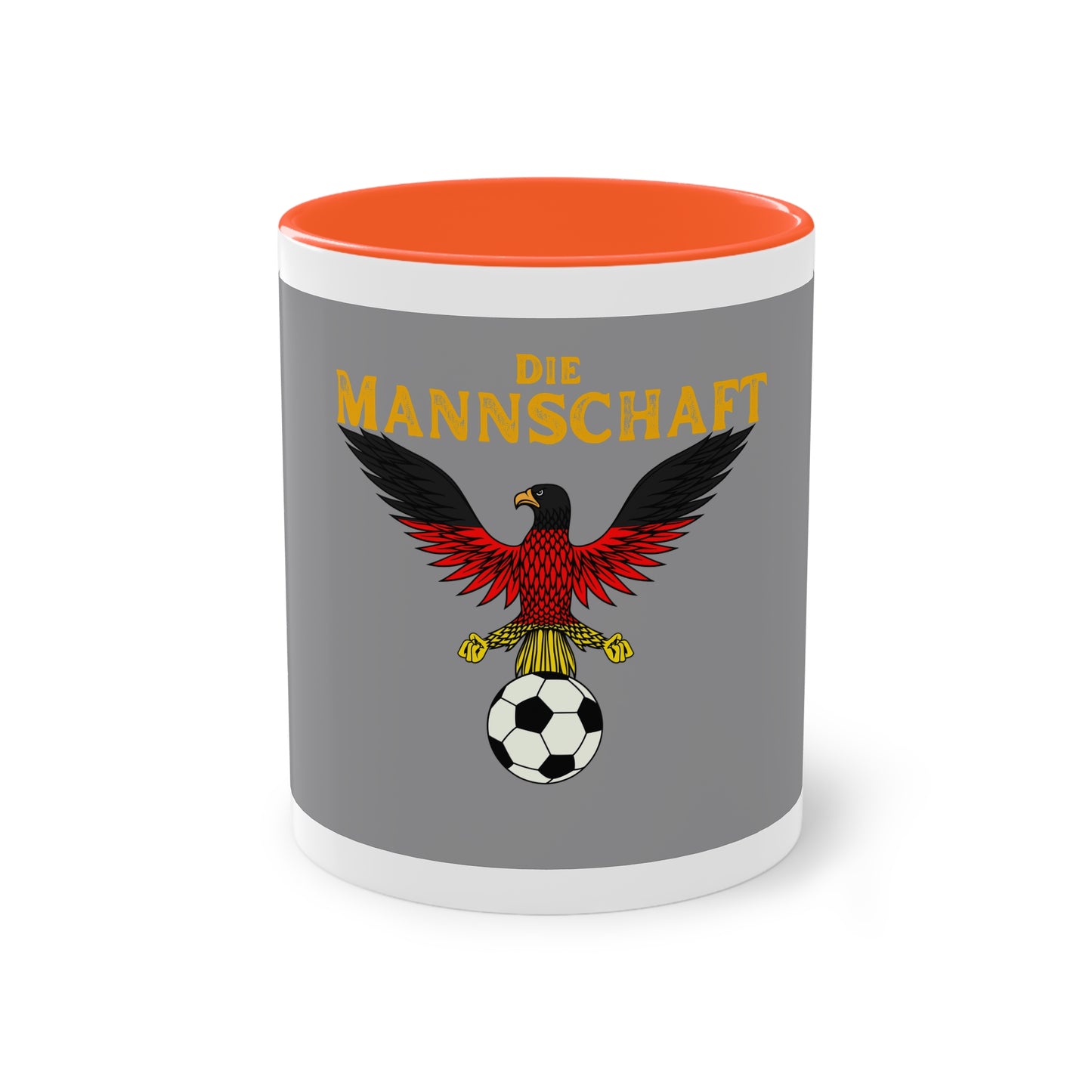 Die Mannschaft - Leistung ohne Ende auf Kaffeetassen, Teetassen bedruckt; weißer Außenbereich mit mehrfarbigem Innenbereich und Henkel, große; 11 Unzen.