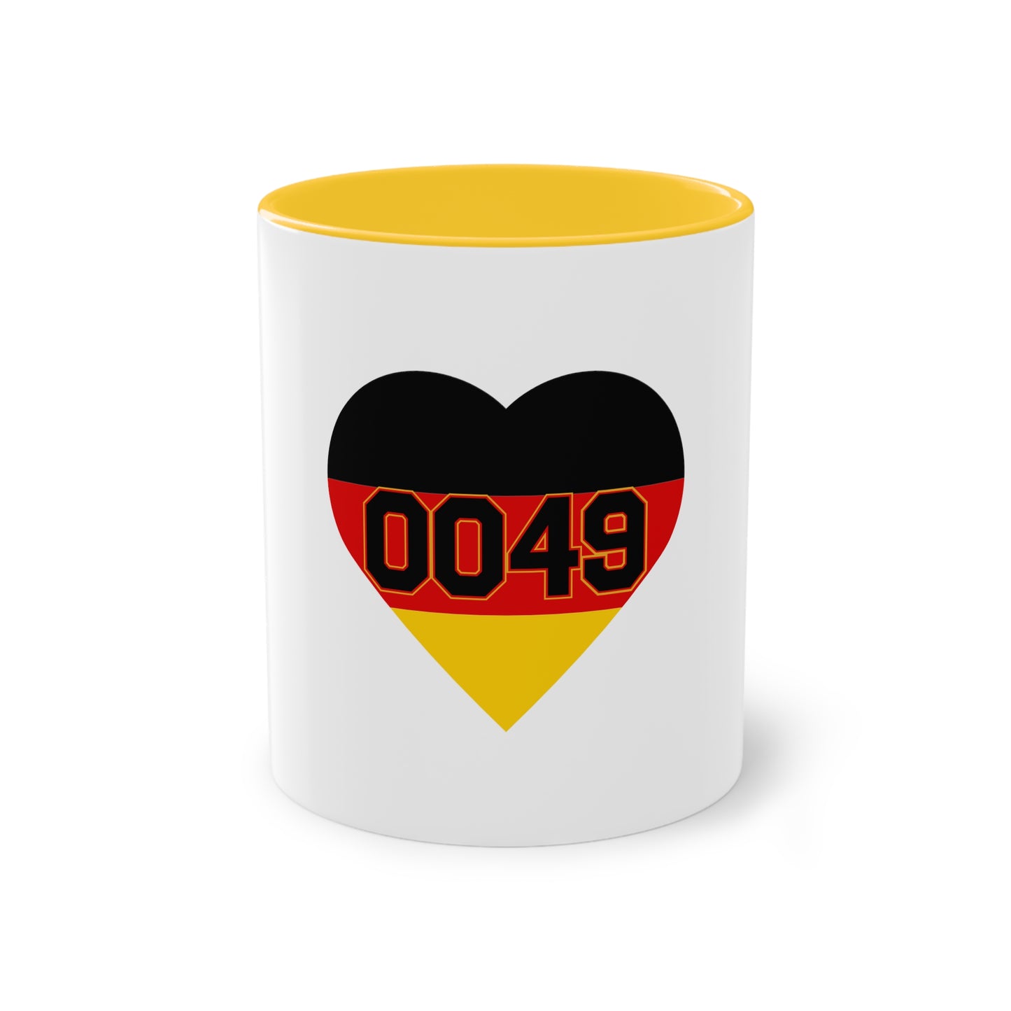 0049 Liebe für Deutschland auf Kaffeetassen, Teetassen bedruckt; weißer Außenbereich mit mehrfarbigem Innenbereich und Henkel, große; 11 Unzen