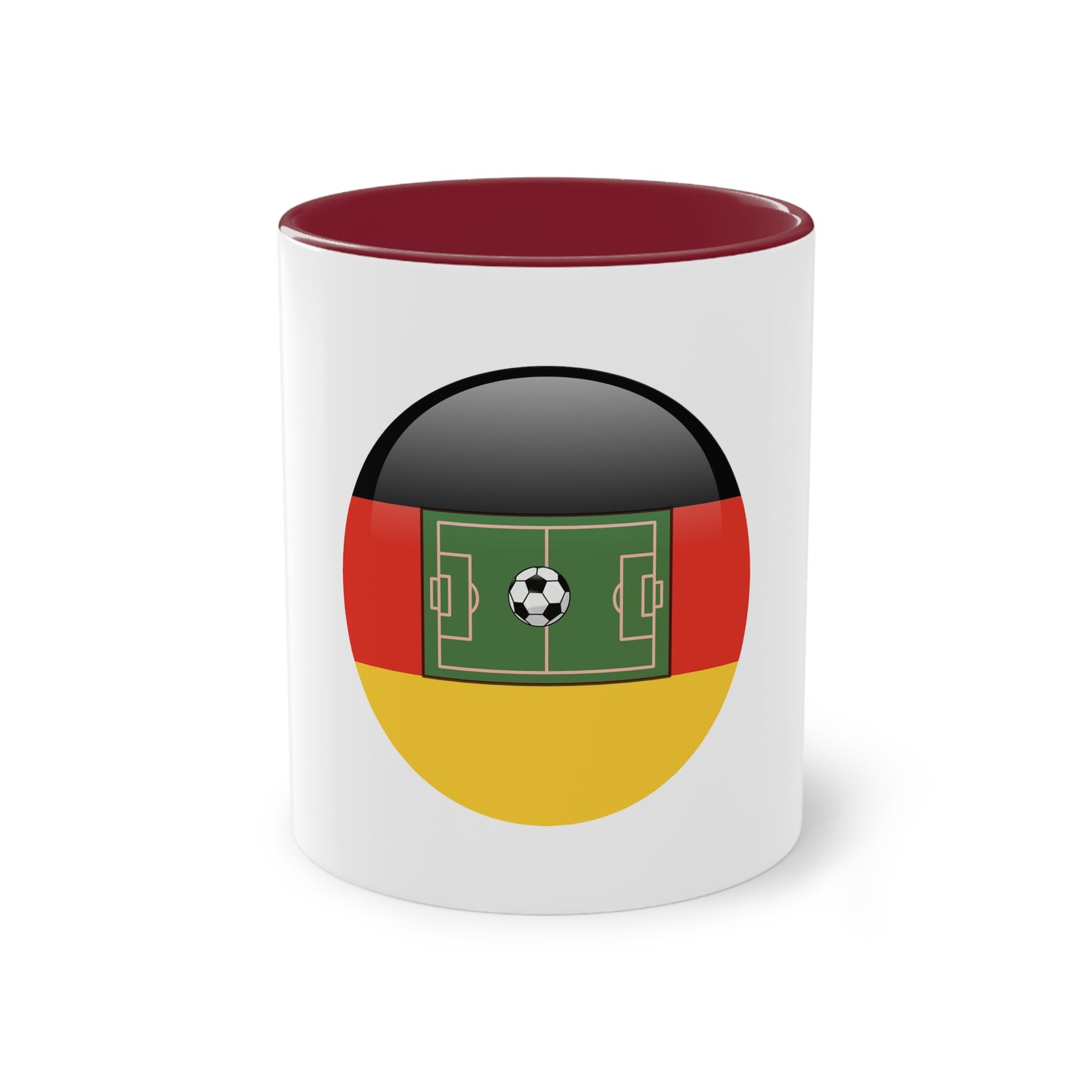 Top Qualität deutsches Soccer - auf Kaffeetassen, Teetassen bedruckt; weißer Außenbereich mit mehrfarbigem Innenbereich und Henkel, große; 11 Unzen