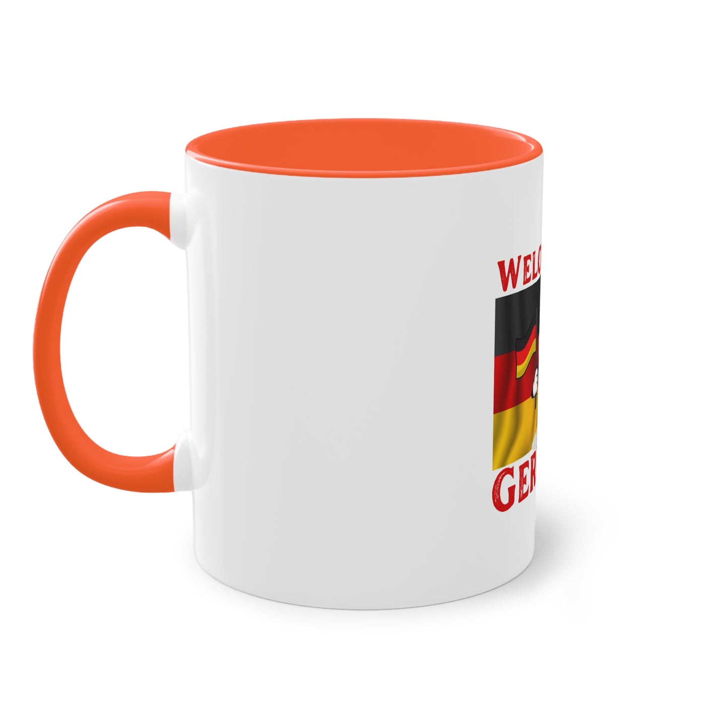 Welcome to Germany - Proud German culture auf Kaffeetassen, Teetassen bedruckt; weißer Außenbereich mit mehrfarbigem Innenbereich und Henkel, große; 11 Unzen.