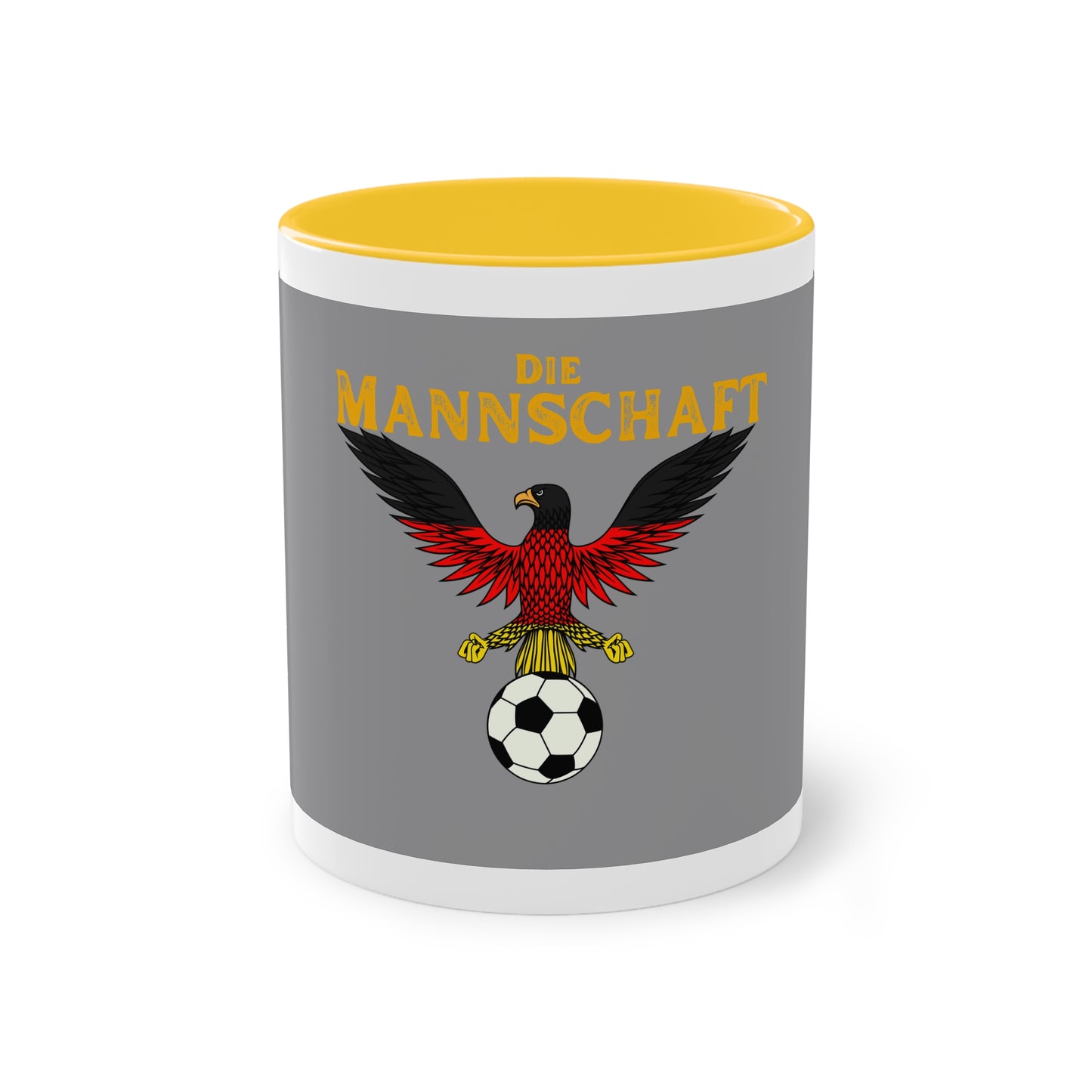 Die Mannschaft - Leistung ohne Ende auf Kaffeetassen, Teetassen bedruckt; weißer Außenbereich mit mehrfarbigem Innenbereich und Henkel, große; 11 Unzen.