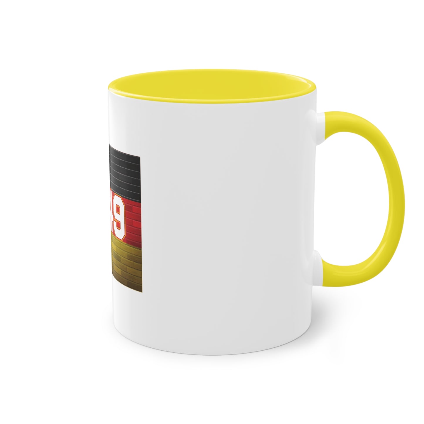 0049 - Internationale Nummer Deutschlands auf Kaffeetassen, Teetassen bedruckt; weißer Außenbereich mit mehrfarbigem Innenbereich und Henkel, große; 11 Unzen