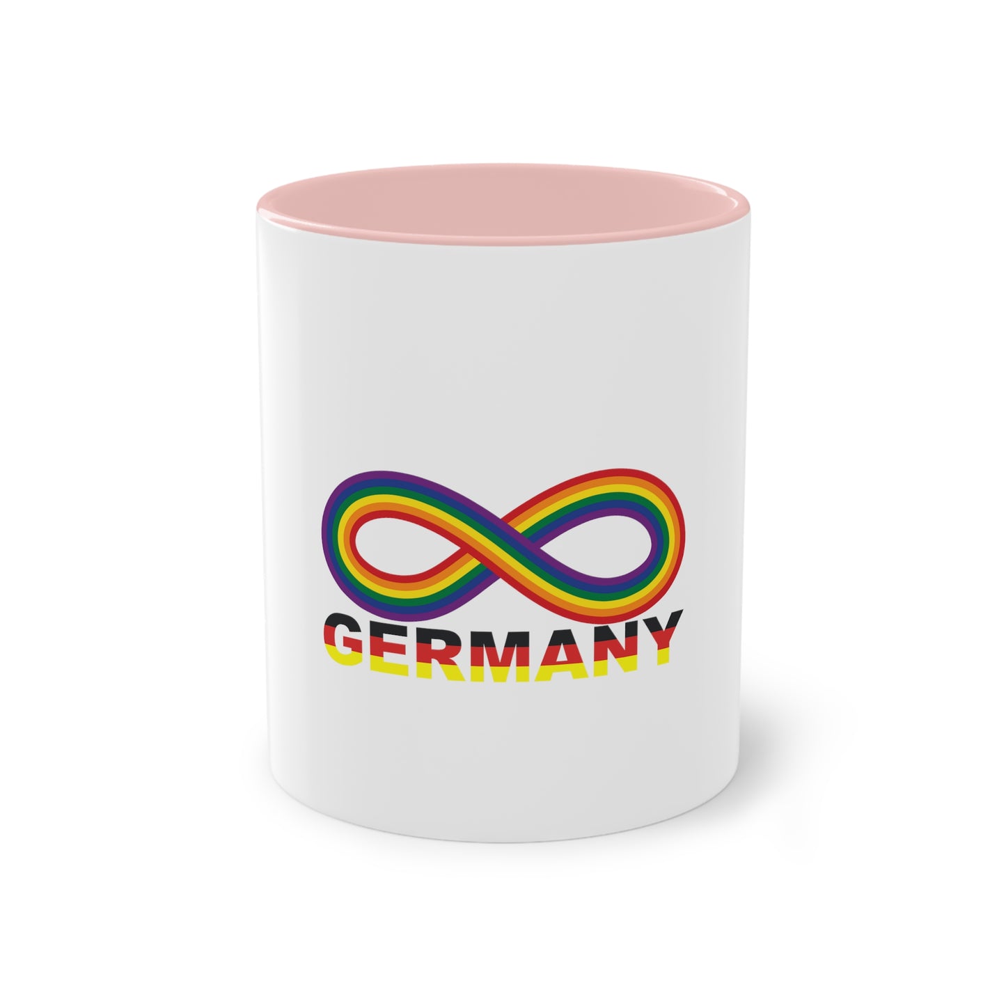 Regenbogen Infinity für Deutschland, für Vielfalt, Verständnis und Akzeptanz auf Kaffeetassen bedruckt; weißer Außenbereich mit mehrfarbigem Innenbereich und Henkel, große; 11 Unzen