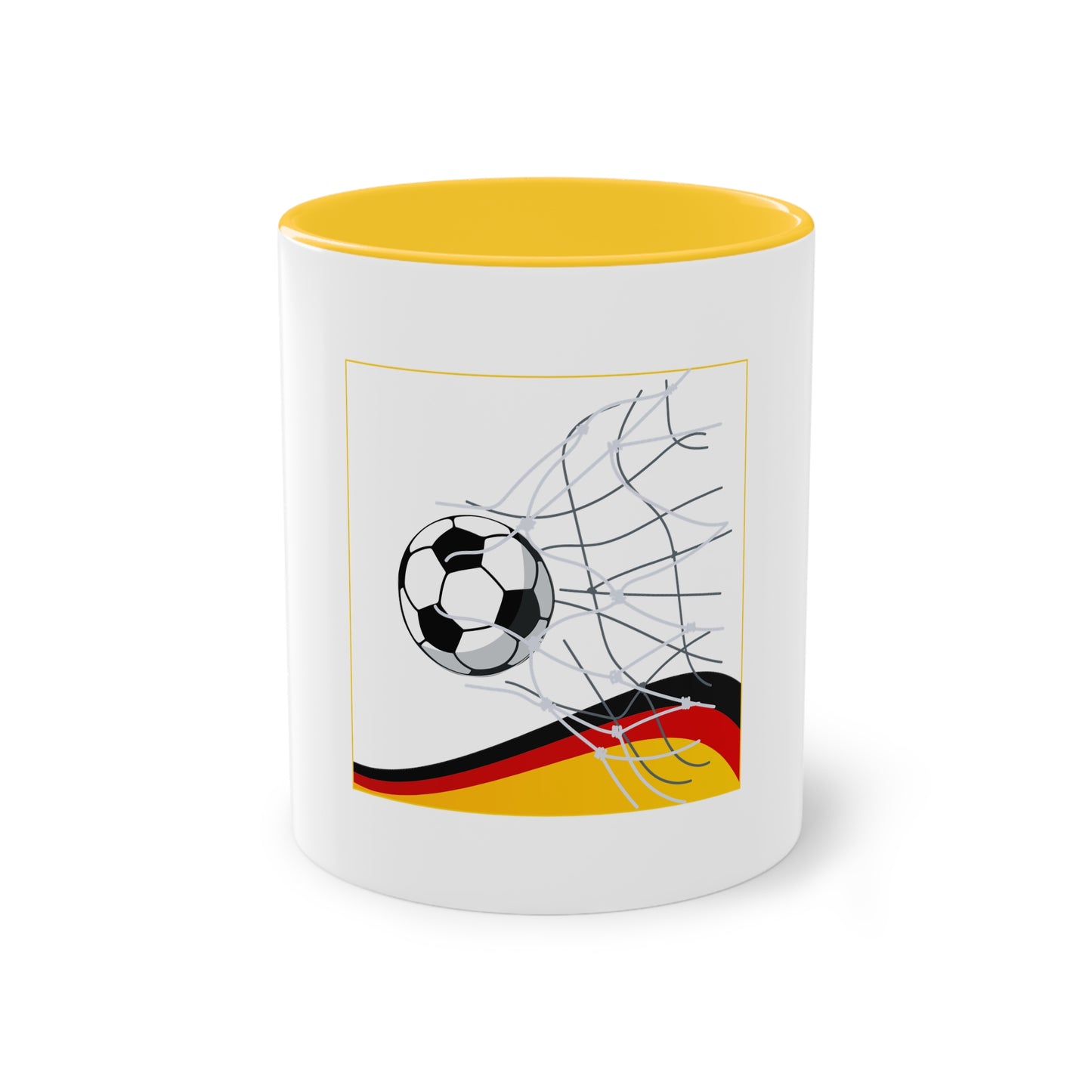Deutschland Qualität Fußball auf Kaffeetassen, Teetassen bedruckt; weißer Außenbereich mit mehrfarbigem Innenbereich und Henkel, große; 11 Unzen