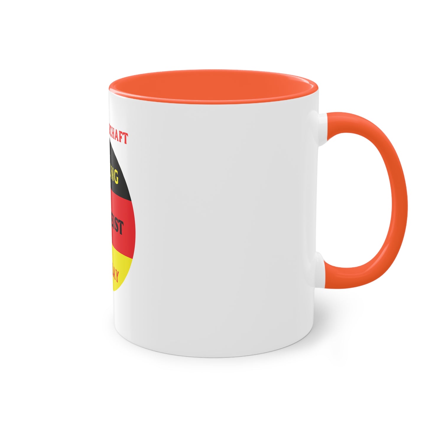 Die Mannschaft: Leistung, Teamgeist, Fairplay - auf Kaffeetassen, Teetassen bedruckt; weißer Außenbereich mit mehrfarbigem Innenbereich und Henkel, große; 11 Unzen