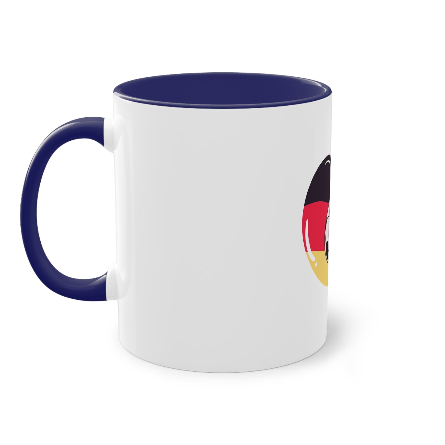 Ich liebe die Mannschaft auf Kaffeetassen, Teetassen bedruckt; weißer Außenbereich mit mehrfarbigem Innenbereich und Henkel, große; 11 Unzen