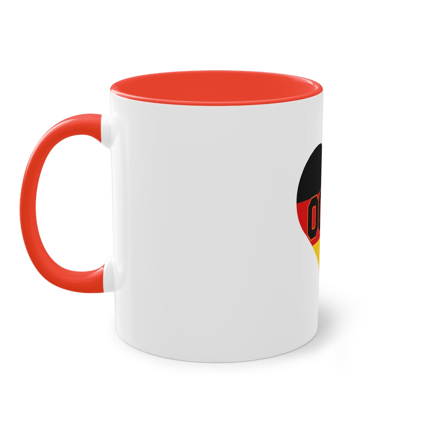 0049 Liebe für Deutschland auf Kaffeetassen, Teetassen bedruckt; weißer Außenbereich mit mehrfarbigem Innenbereich und Henkel, große; 11 Unzen
