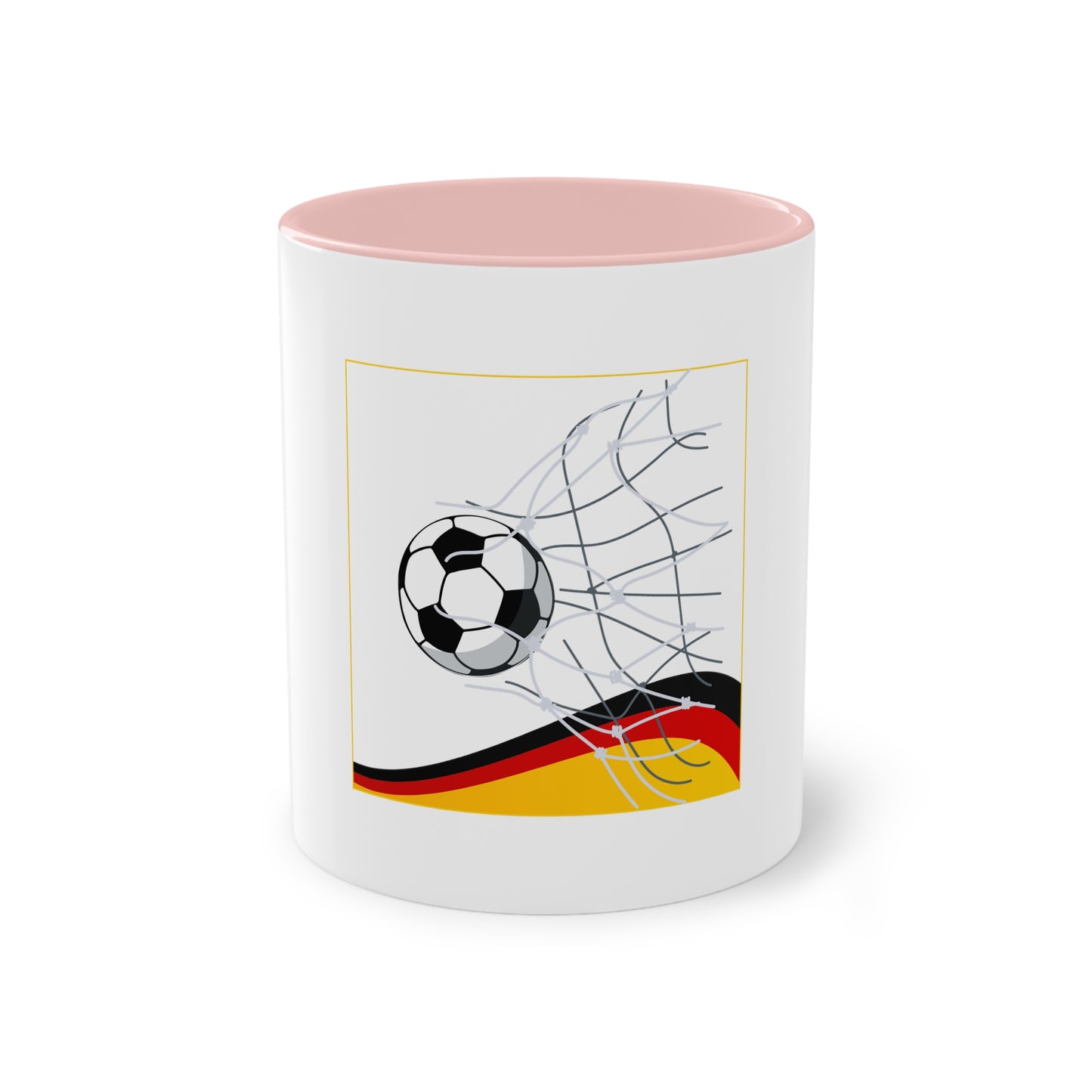 Deutschland Qualität Fußball auf Kaffeetassen, Teetassen bedruckt; weißer Außenbereich mit mehrfarbigem Innenbereich und Henkel, große; 11 Unzen