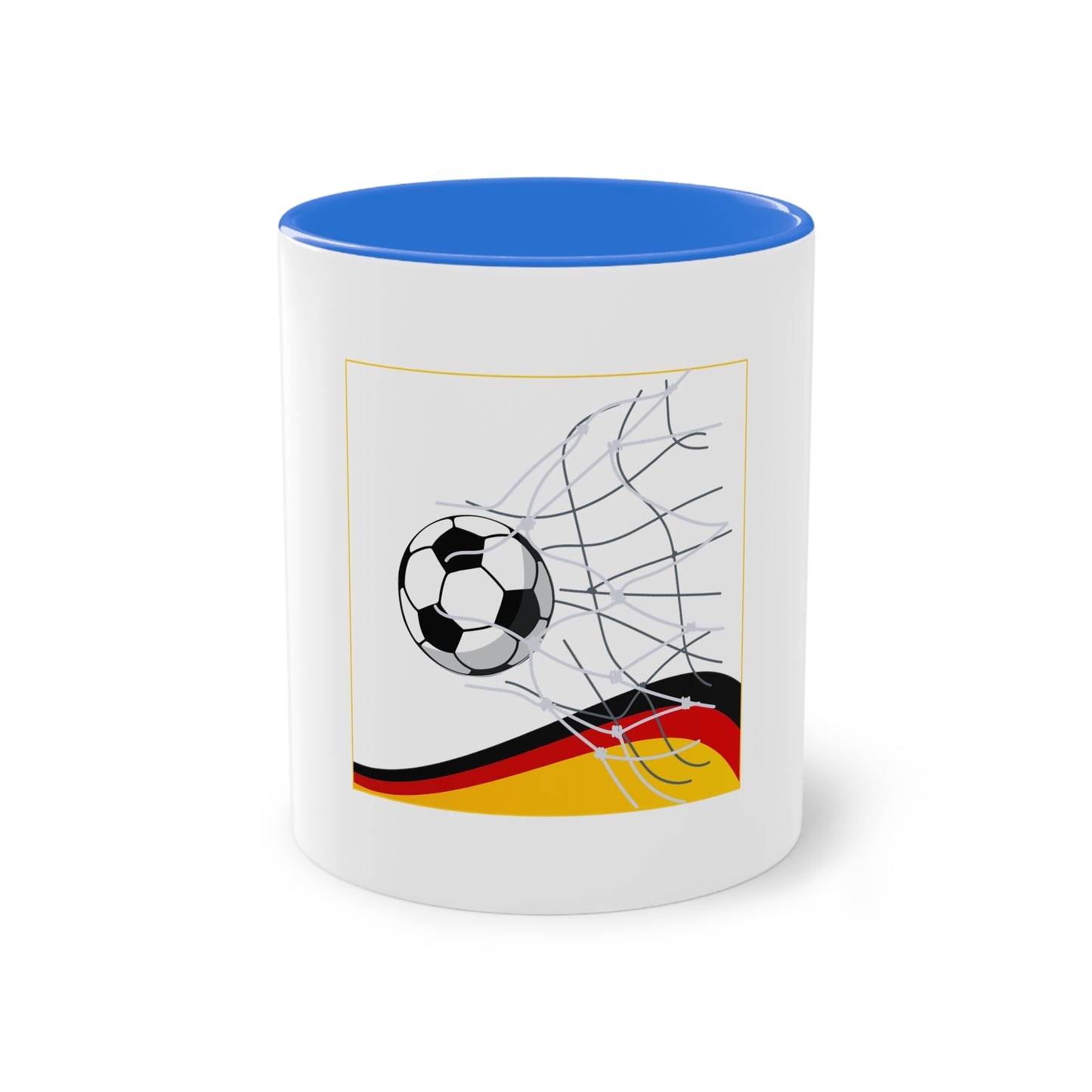 Deutschland Qualität Fußball auf Kaffeetassen, Teetassen bedruckt; weißer Außenbereich mit mehrfarbigem Innenbereich und Henkel, große; 11 Unzen