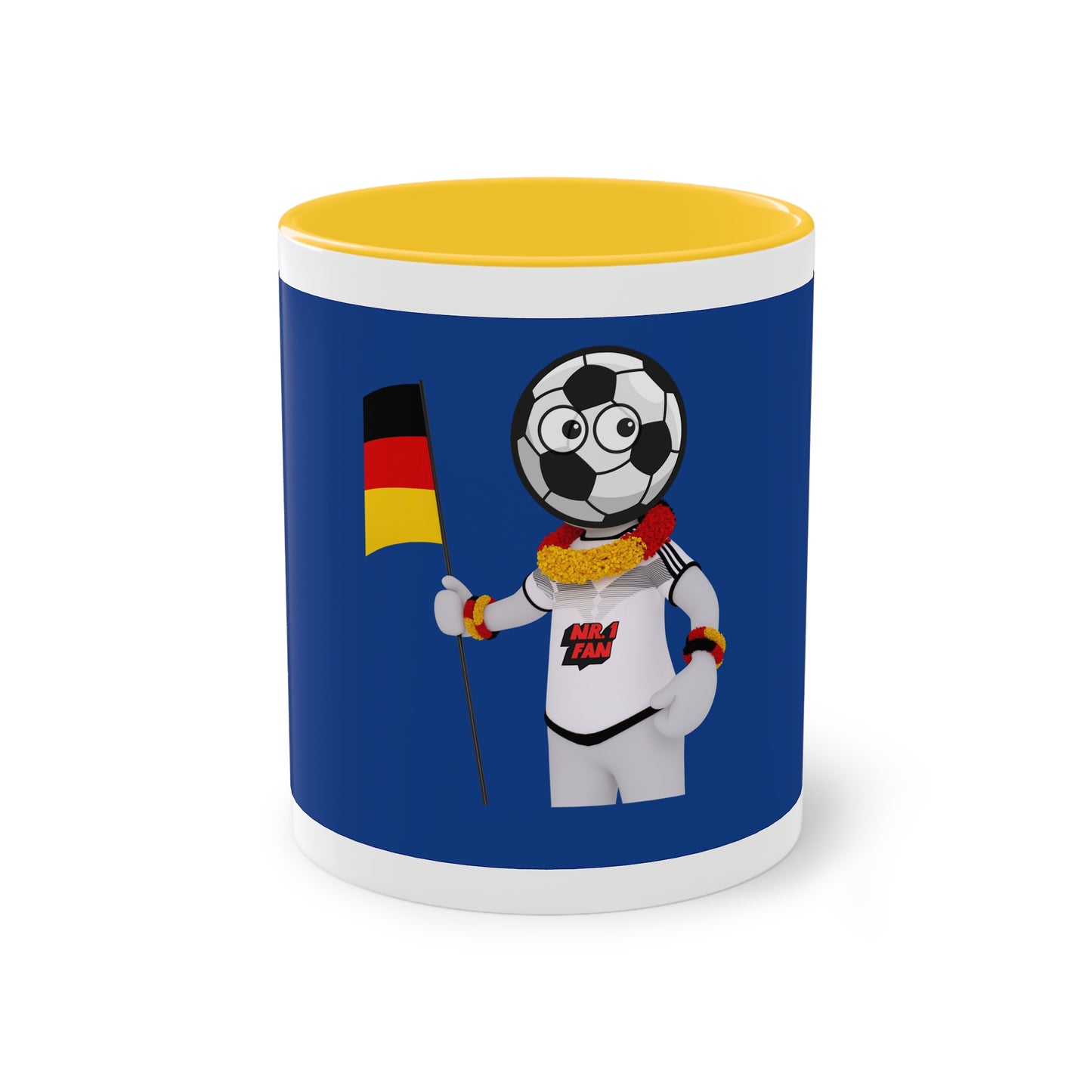Nummer 1 Fan für Deutschland auf Kaffeetassen bedruckt; weißer Außenbereich mit mehrfarbigem Innenbereich und Henkel, große; 11 Unzen