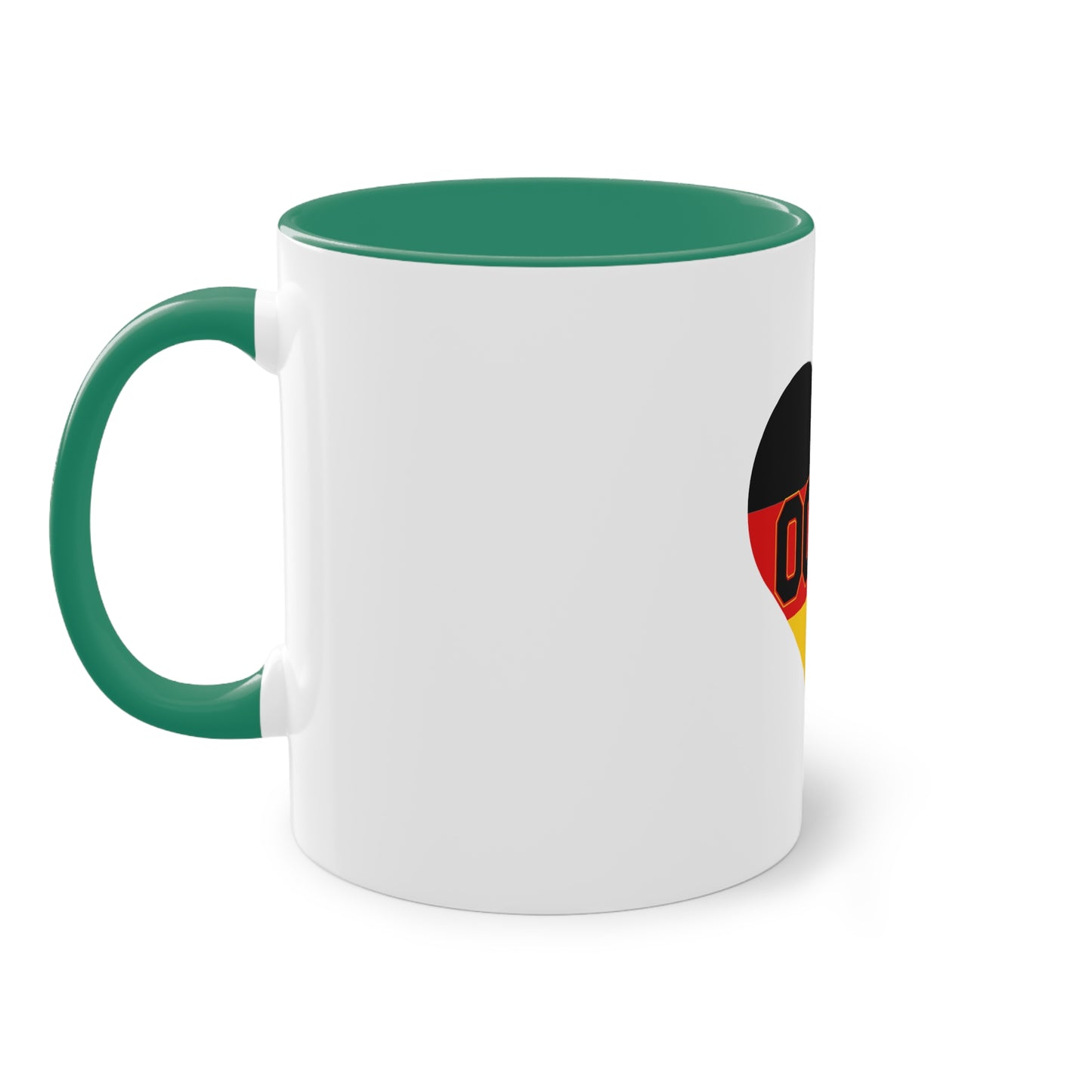 0049 Liebe für Deutschland auf Kaffeetassen, Teetassen bedruckt; weißer Außenbereich mit mehrfarbigem Innenbereich und Henkel, große; 11 Unzen
