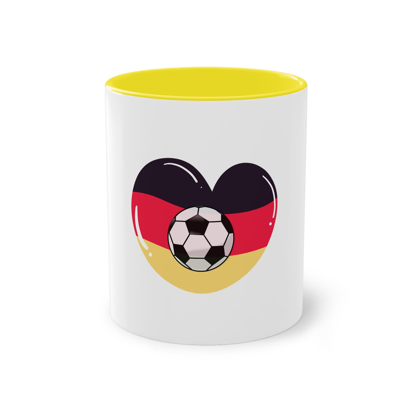 Ich liebe die Mannschaft auf Kaffeetassen, Teetassen bedruckt; weißer Außenbereich mit mehrfarbigem Innenbereich und Henkel, große; 11 Unzen