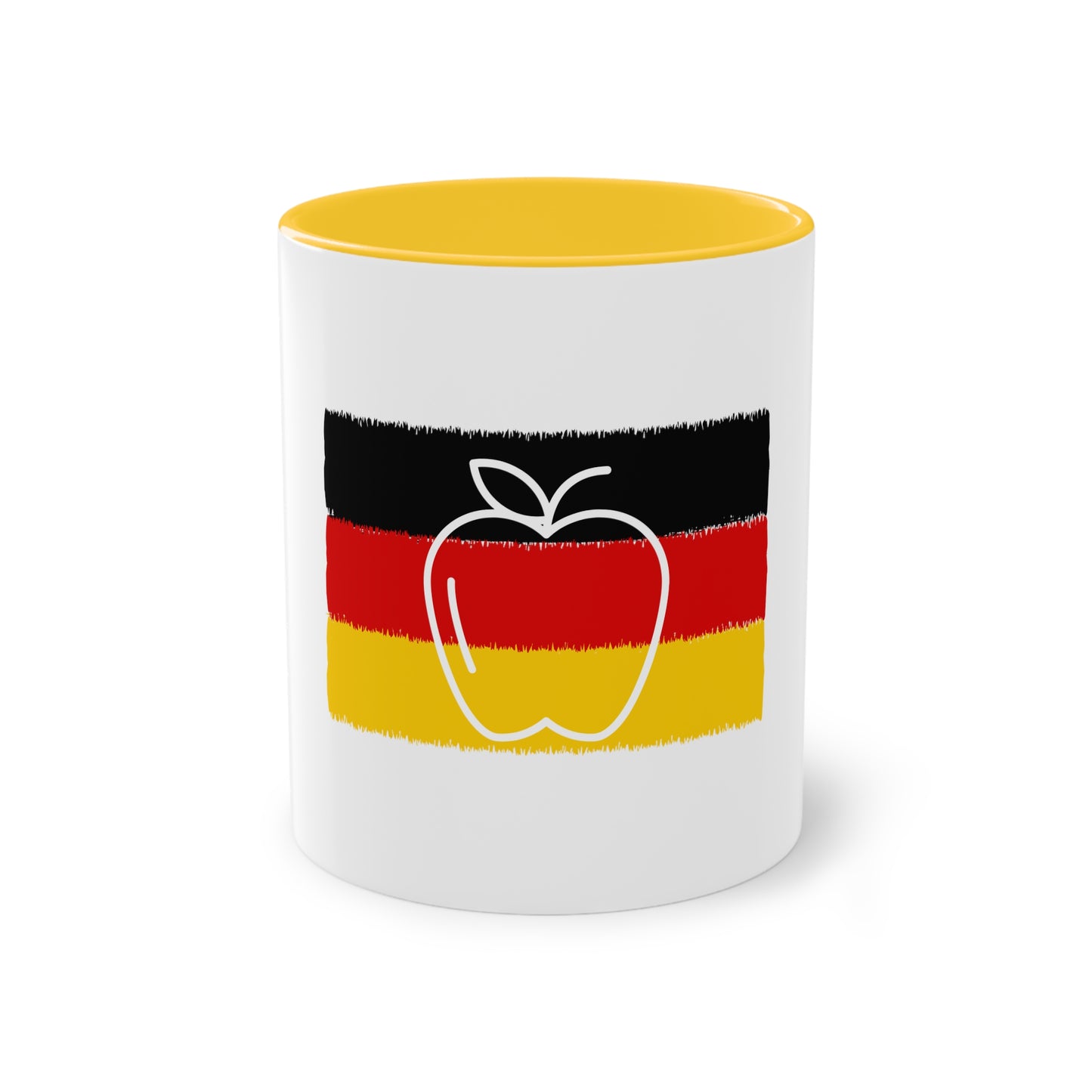 Apfel, ein Symbol für Energie und Liebe auf Kaffeetassen, Teetassen bedruckt; weißer Außenbereich mit mehrfarbigem Innenbereich und Henkel, große; 11 Unzen