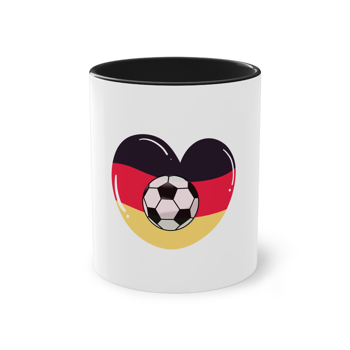 Ich liebe die Mannschaft auf Kaffeetassen, Teetassen bedruckt; weißer Außenbereich mit mehrfarbigem Innenbereich und Henkel, große; 11 Unzen