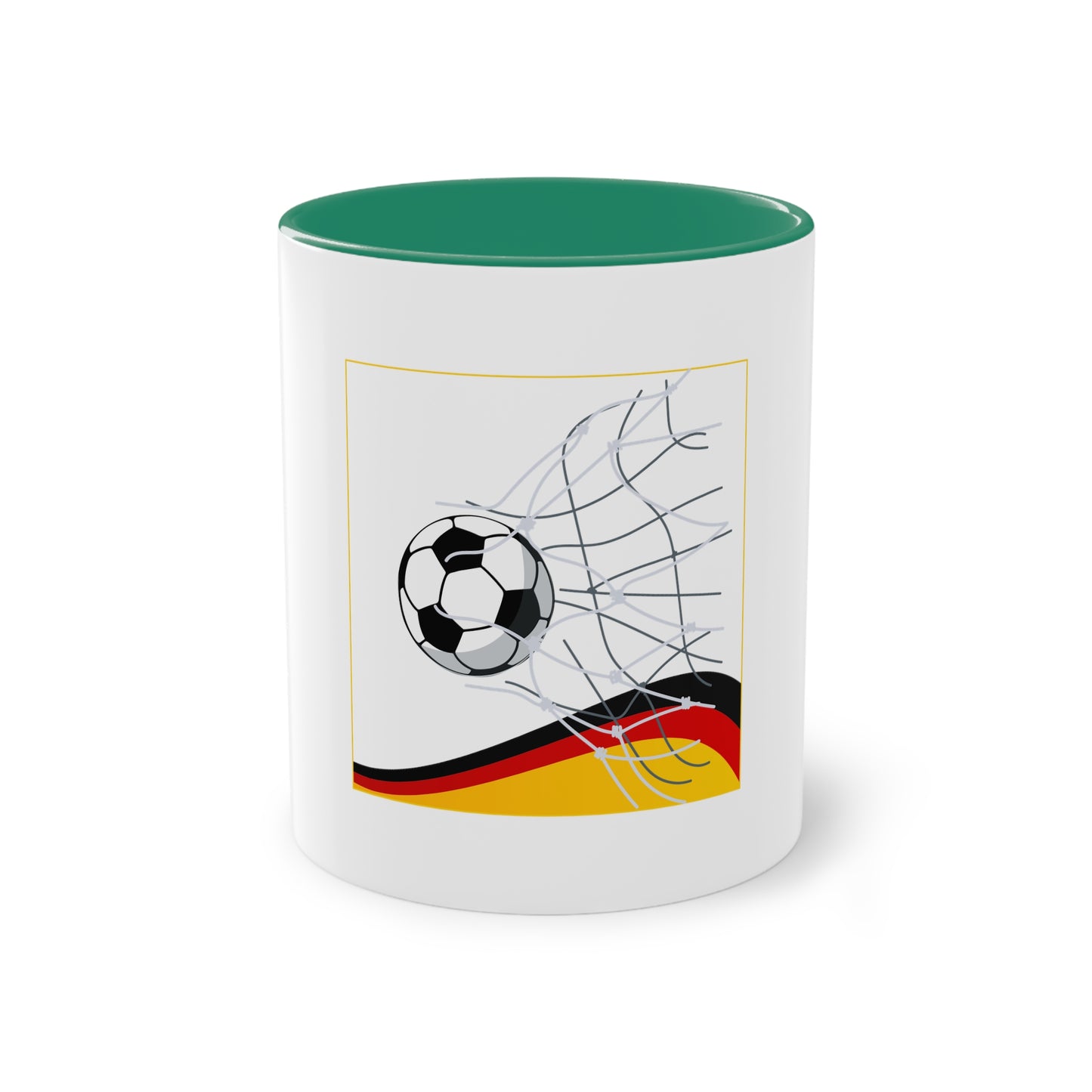 Deutschland Qualität Fußball auf Kaffeetassen, Teetassen bedruckt; weißer Außenbereich mit mehrfarbigem Innenbereich und Henkel, große; 11 Unzen