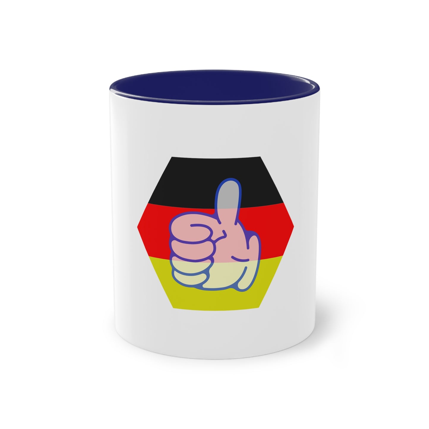 DE Thumbs-up auf Kaffeetassen, Teetassen bedruckt; weißer Außenbereich mit mehrfarbigem Innenbereich und Henkel, große; 11 Unzen
