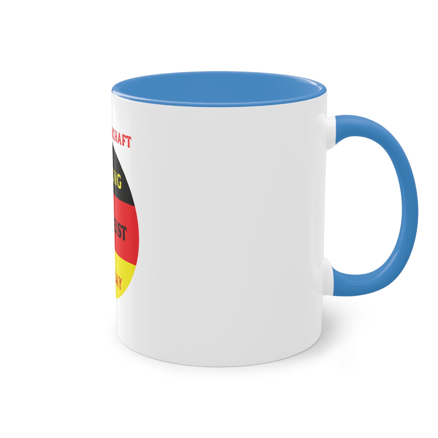Die Mannschaft: Leistung, Teamgeist, Fairplay - auf Kaffeetassen, Teetassen bedruckt; weißer Außenbereich mit mehrfarbigem Innenbereich und Henkel, große; 11 Unzen