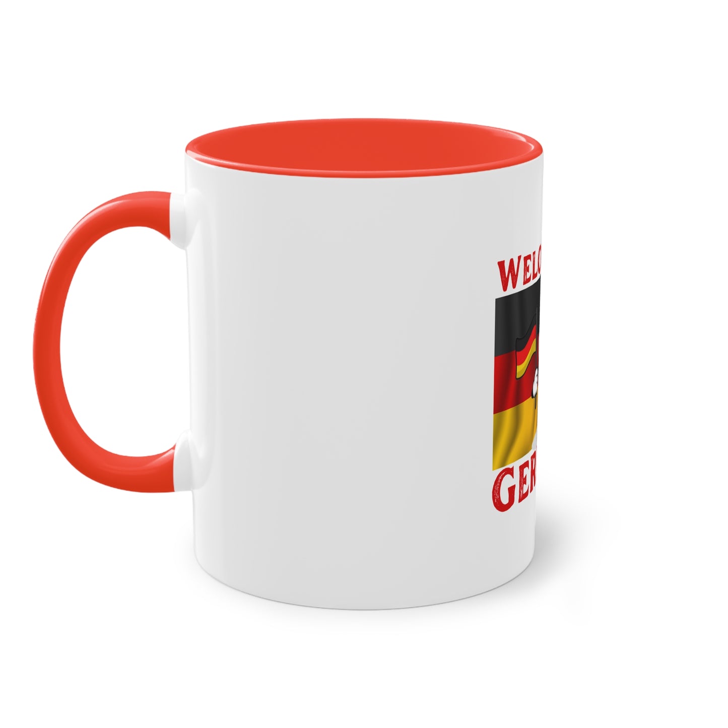 Welcome to Germany - Proud German culture auf Kaffeetassen, Teetassen bedruckt; weißer Außenbereich mit mehrfarbigem Innenbereich und Henkel, große; 11 Unzen.