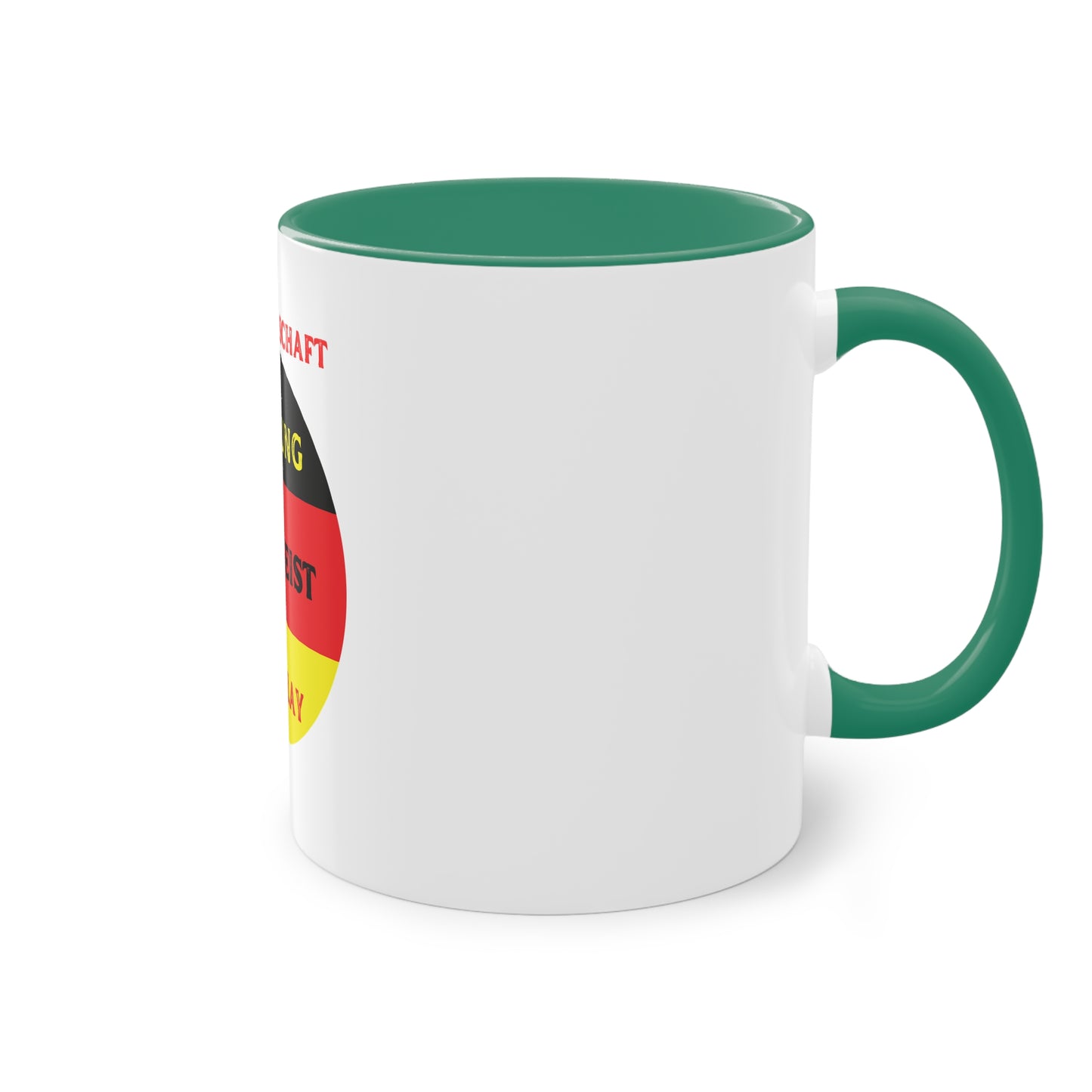 Die Mannschaft: Leistung, Teamgeist, Fairplay - auf Kaffeetassen, Teetassen bedruckt; weißer Außenbereich mit mehrfarbigem Innenbereich und Henkel, große; 11 Unzen