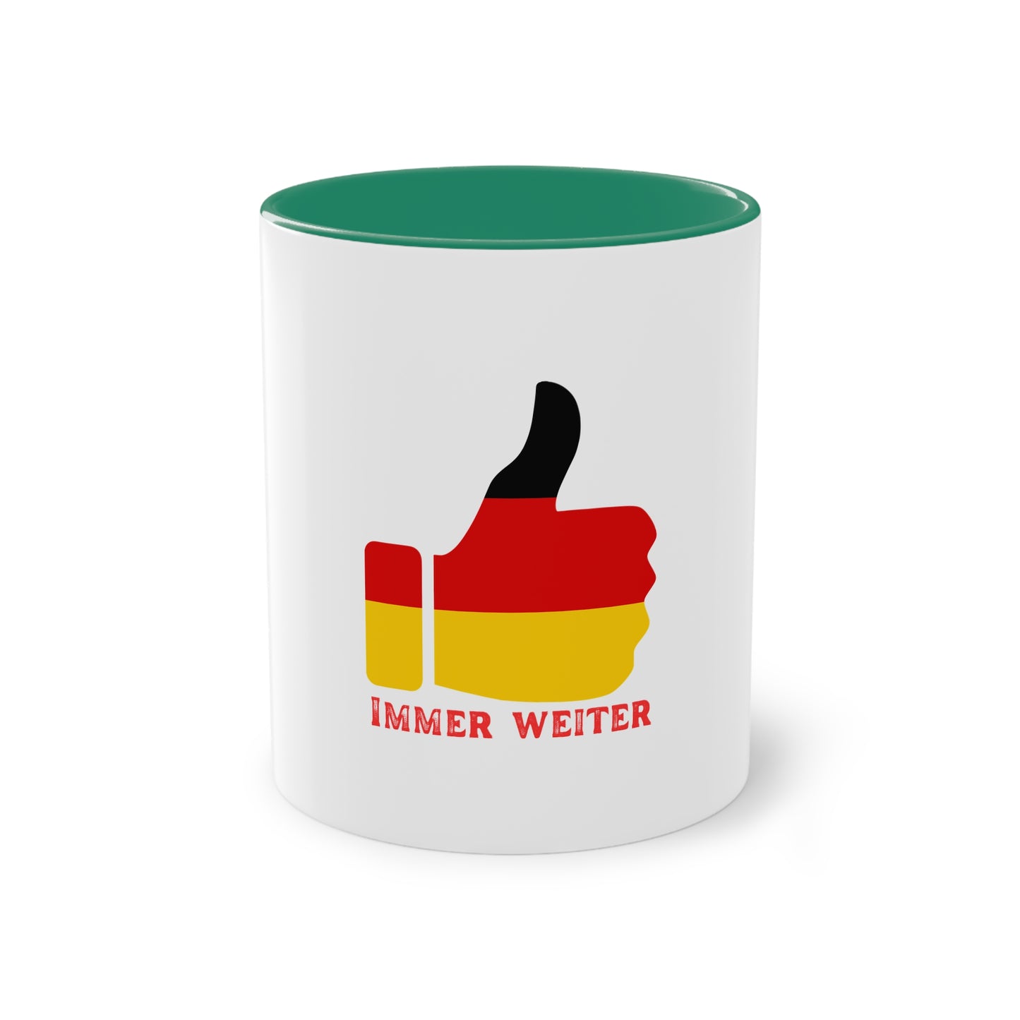 Immer weiter für Deutschland auf Kaffeetassen, Teetassen bedruckt; weißer Außenbereich mit mehrfarbigem Innenbereich und Henkel, große; 11 Unzen