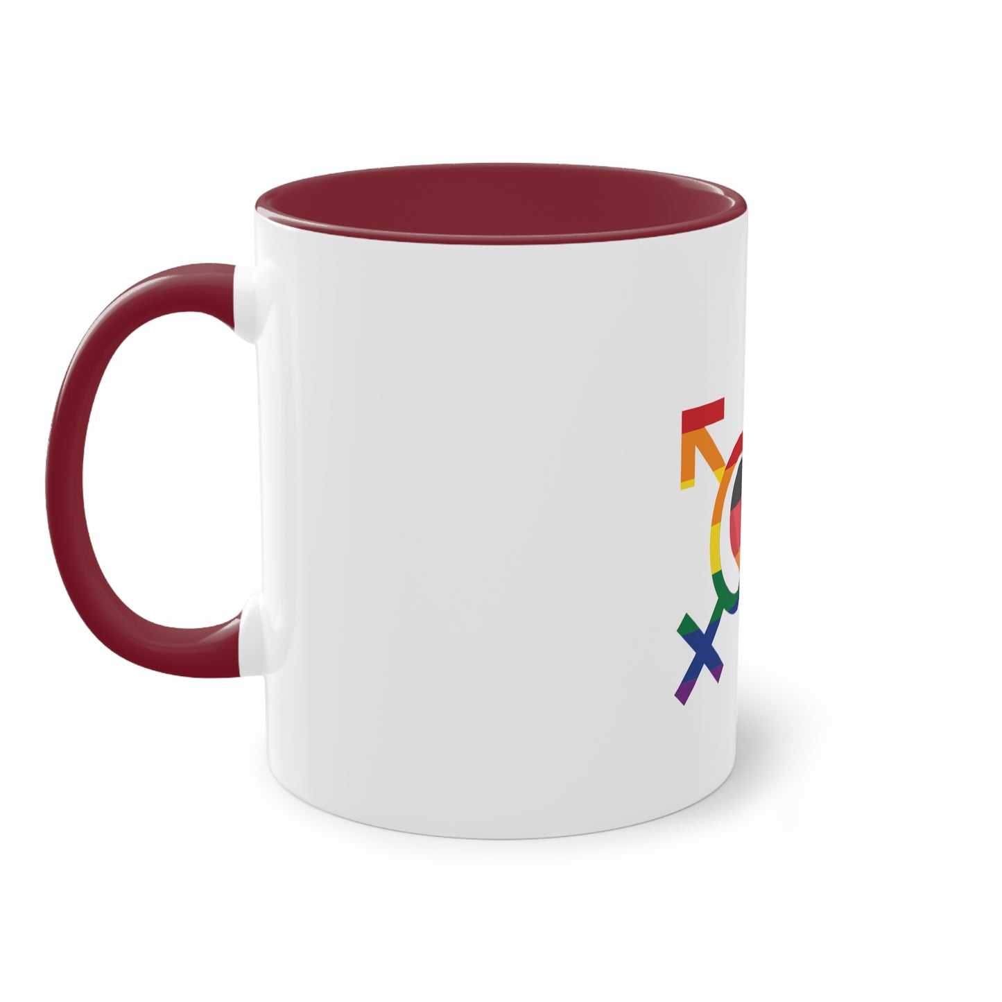 Regenbogen Gender für Deutschland, für Vielfalt, Verständnis und Akzeptanz auf Kaffeetassen bedruckt; weißer Außenbereich mit mehrfarbigem Innenbereich und Henkel, große; 11 Unzen