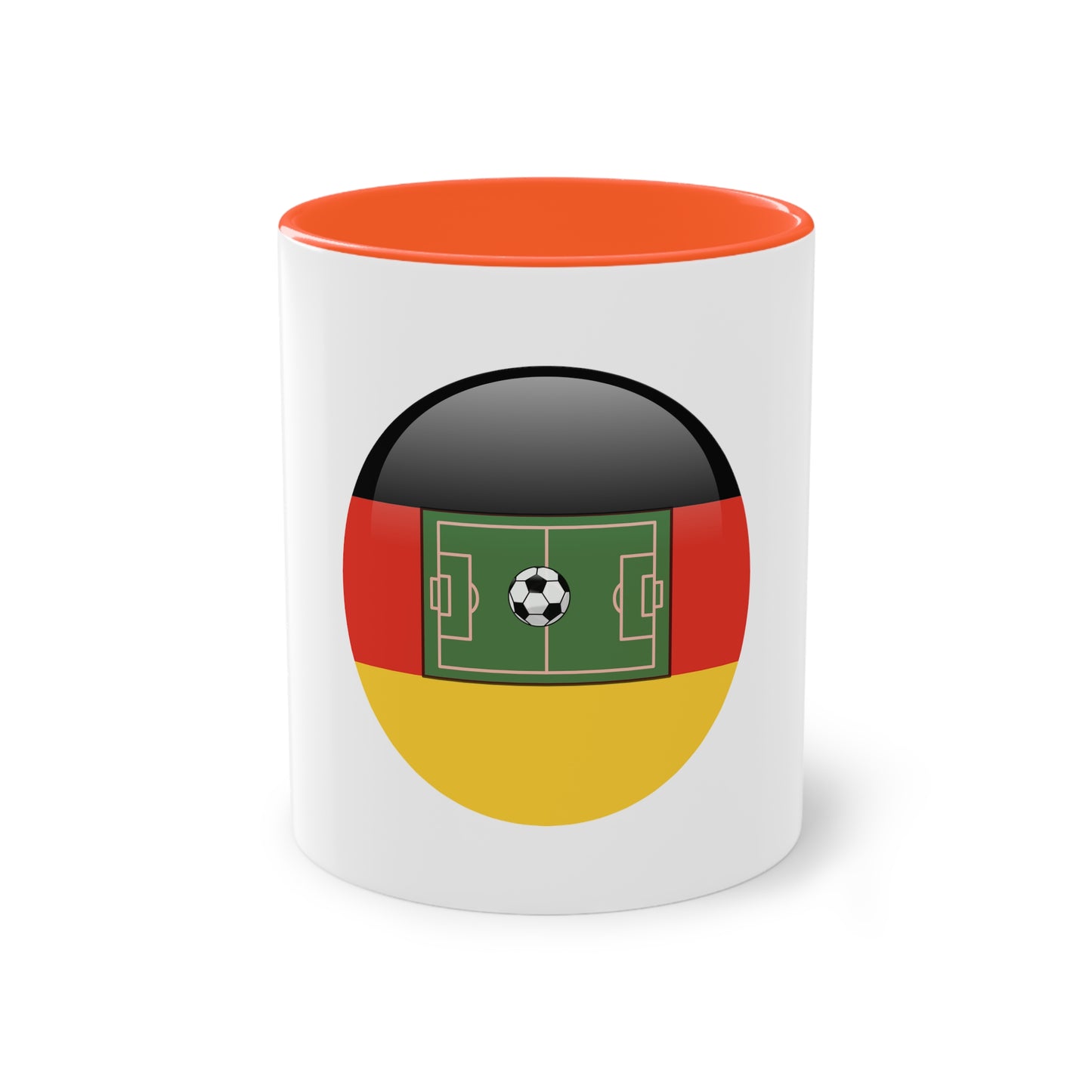 Top Qualität deutsches Soccer - auf Kaffeetassen, Teetassen bedruckt; weißer Außenbereich mit mehrfarbigem Innenbereich und Henkel, große; 11 Unzen