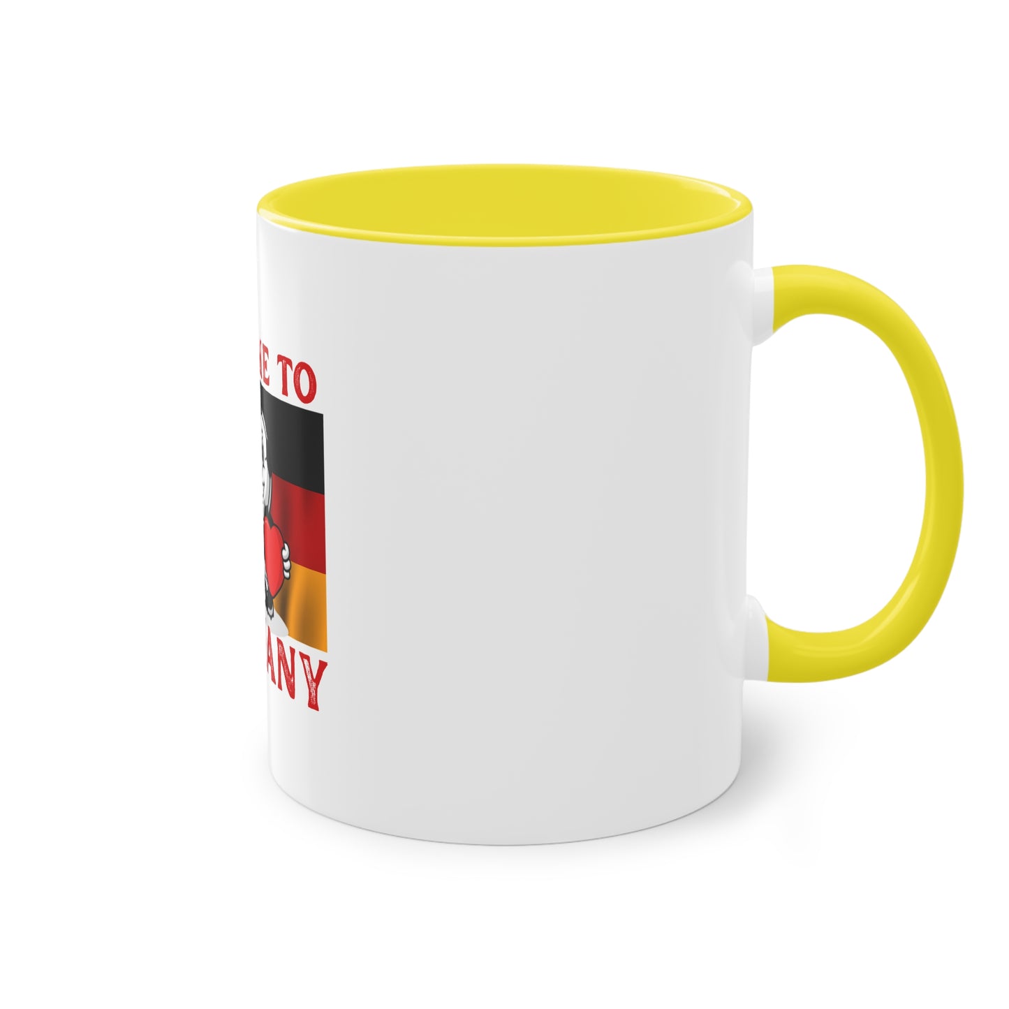Welcome to Germany - Proud German culture auf Kaffeetassen, Teetassen bedruckt; weißer Außenbereich mit mehrfarbigem Innenbereich und Henkel, große; 11 Unzen.