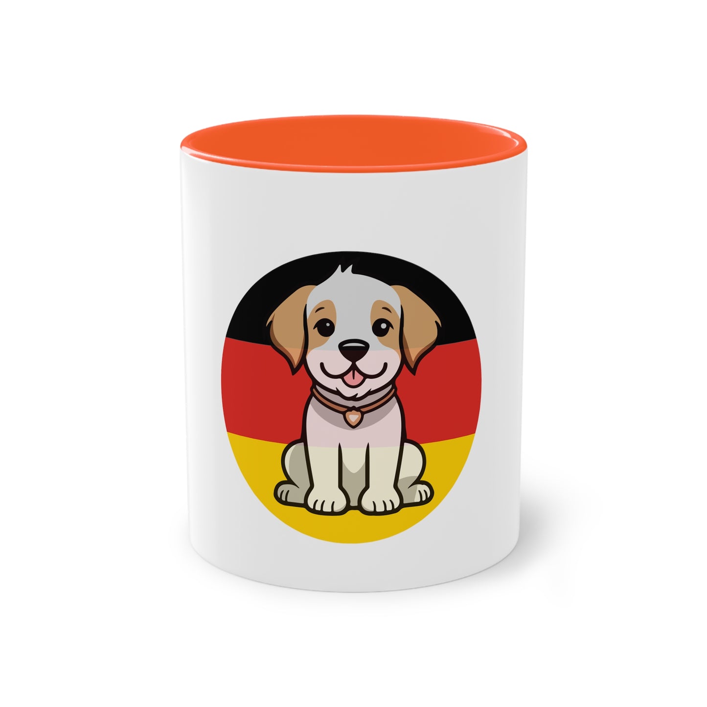 Deutschlands Bell-Brigade Puppy auf Kaffeetassen, Teetassen bedruckt; weißer Außenbereich mit mehrfarbigem Innenbereich und Henkel, große; 11 Unzen