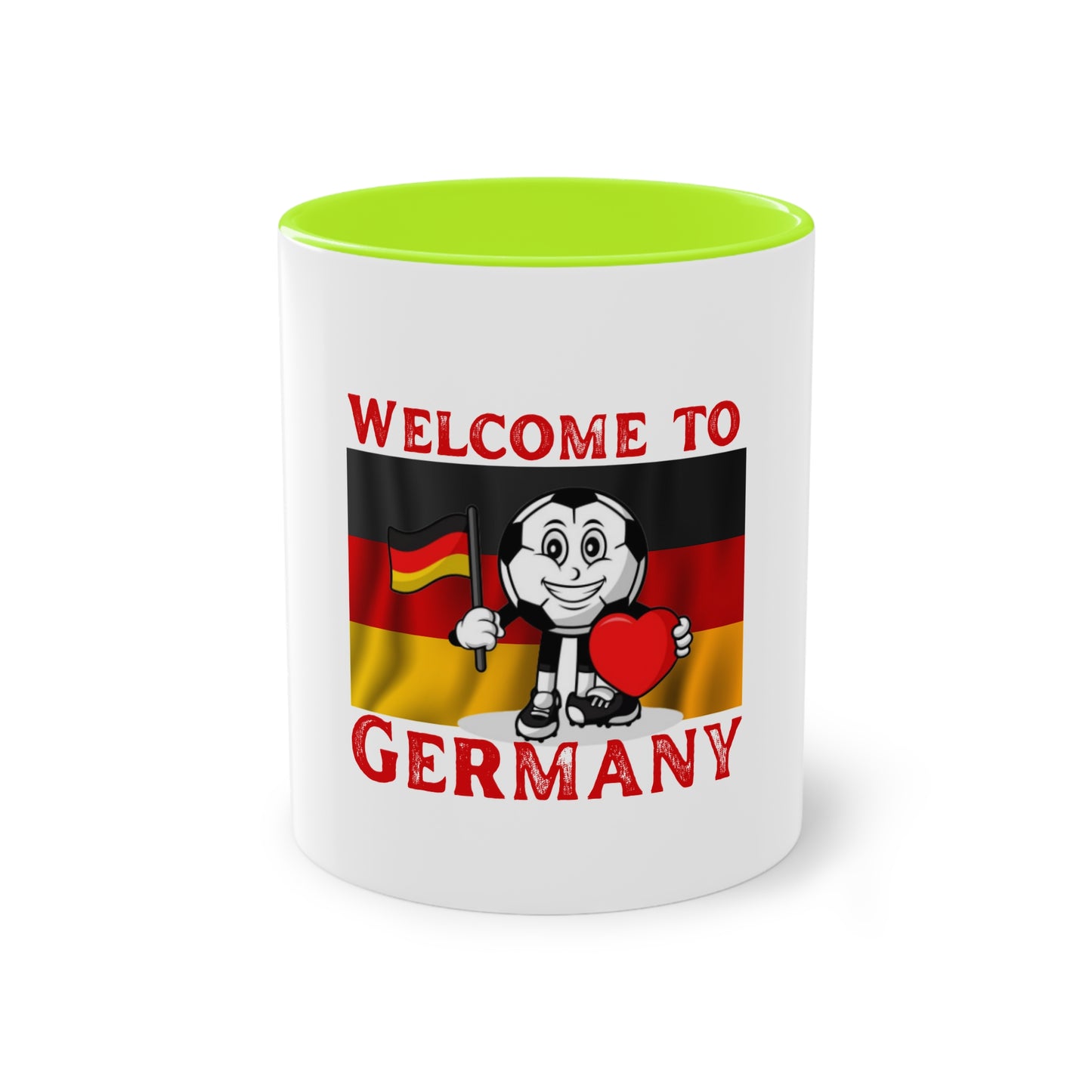 Welcome to Germany - Proud German culture auf Kaffeetassen, Teetassen bedruckt; weißer Außenbereich mit mehrfarbigem Innenbereich und Henkel, große; 11 Unzen.