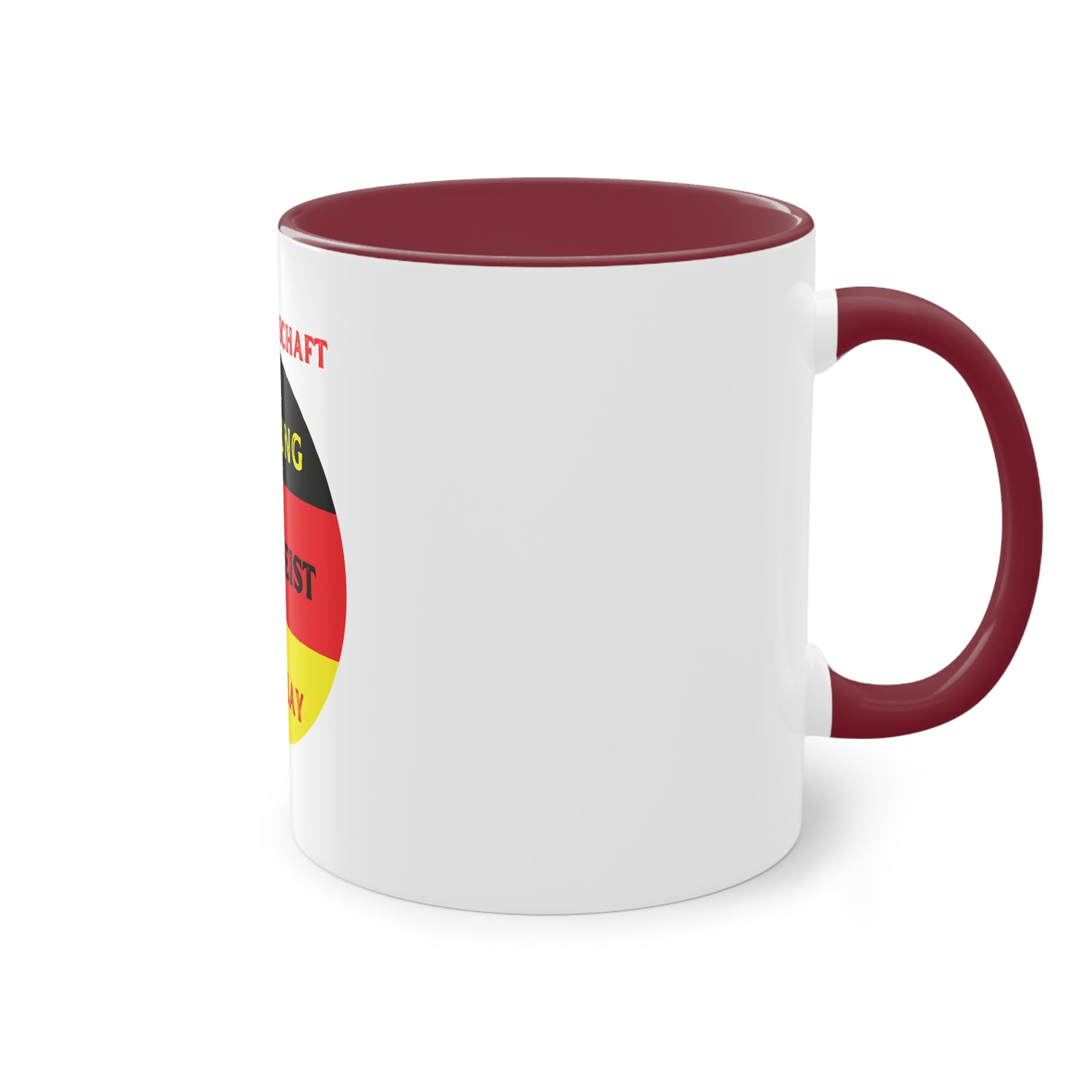 Die Mannschaft: Leistung, Teamgeist, Fairplay - auf Kaffeetassen, Teetassen bedruckt; weißer Außenbereich mit mehrfarbigem Innenbereich und Henkel, große; 11 Unzen