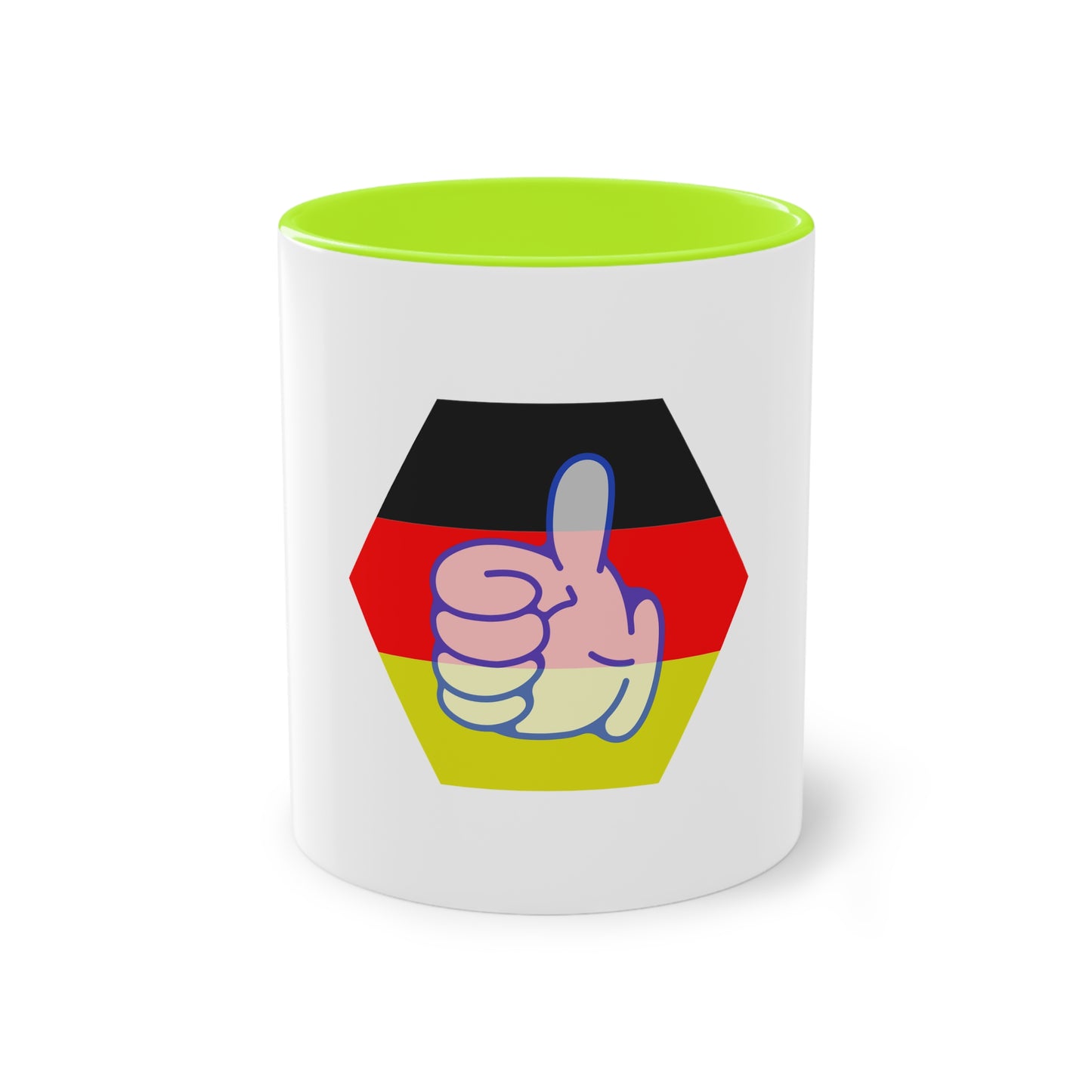 DE Thumbs-up auf Kaffeetassen, Teetassen bedruckt; weißer Außenbereich mit mehrfarbigem Innenbereich und Henkel, große; 11 Unzen