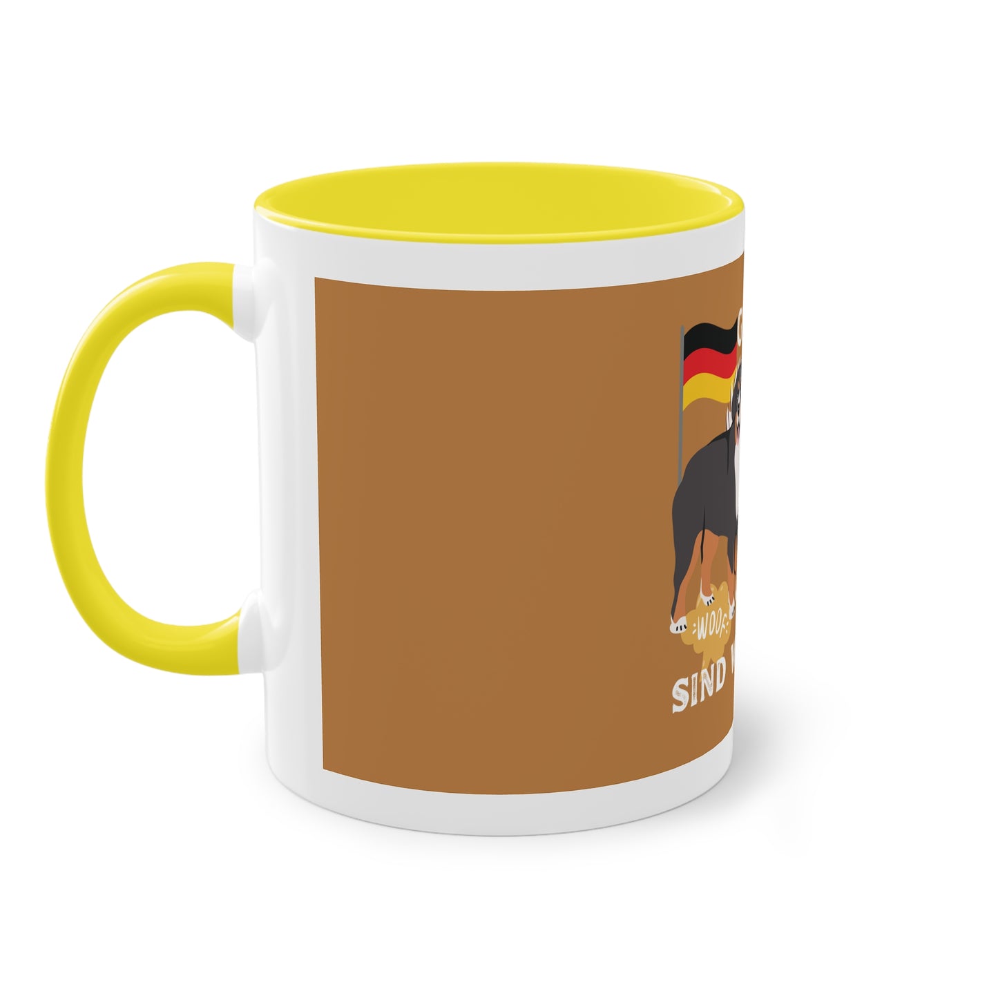 Hundemannschaft für Deutschland auf Kaffeetassen bedruckt; weißer Außenbereich mit mehrfarbigem Innenbereich und Henkel, große; 11 Unzen