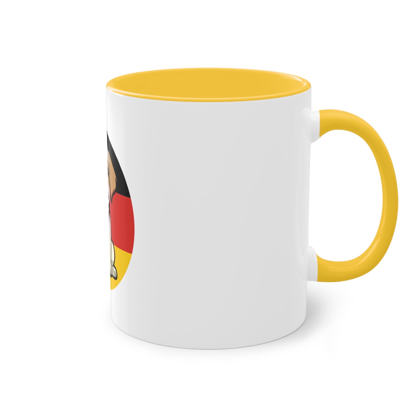 Deutschlands Bell-Brigade Puppy auf Kaffeetassen, Teetassen bedruckt; weißer Außenbereich mit mehrfarbigem Innenbereich und Henkel, große; 11 Unzen