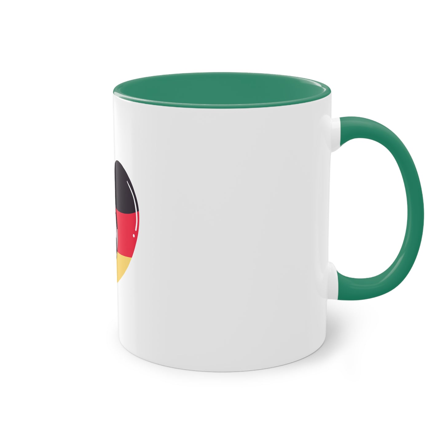 Ich liebe die Mannschaft auf Kaffeetassen, Teetassen bedruckt; weißer Außenbereich mit mehrfarbigem Innenbereich und Henkel, große; 11 Unzen