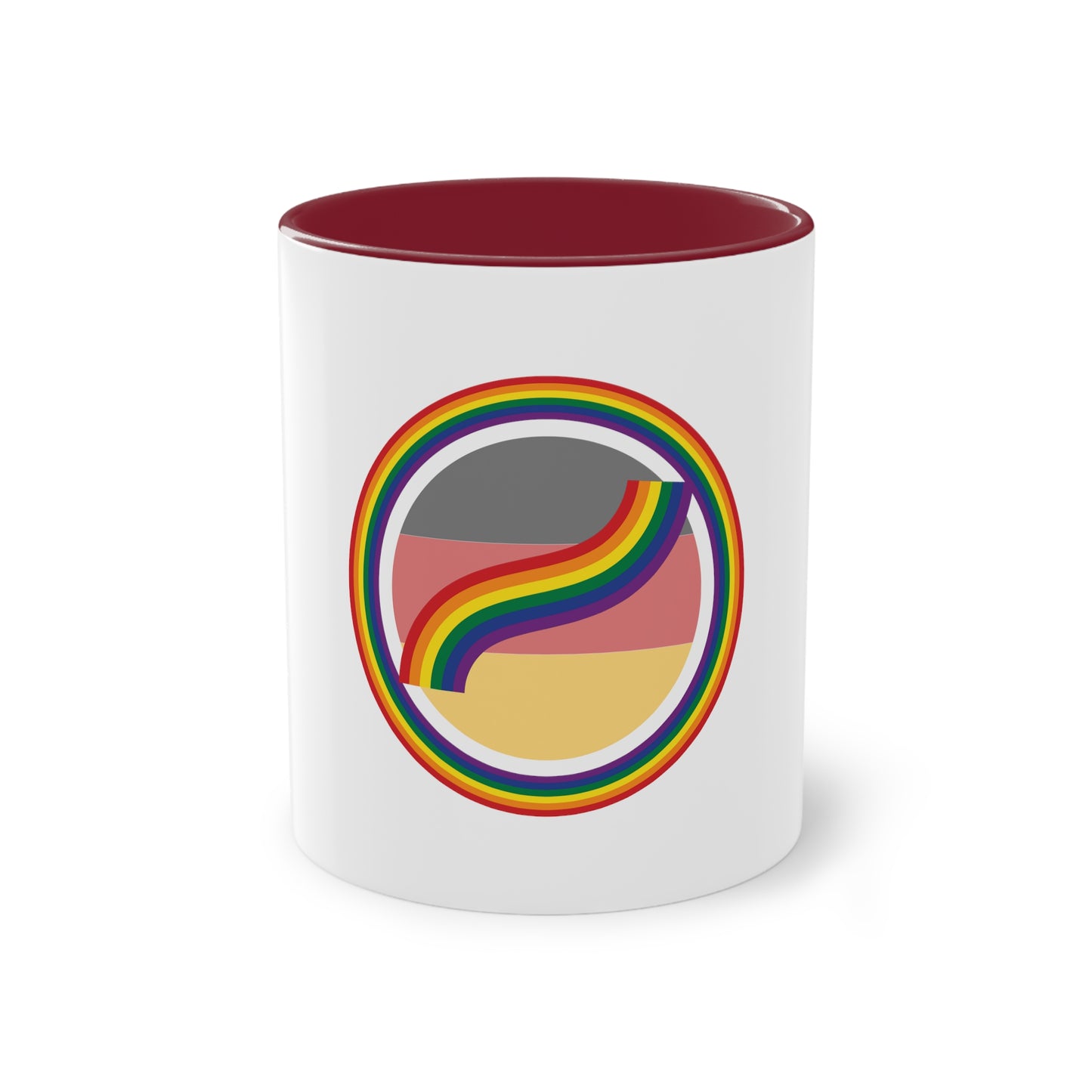 Regenbogen Pride für Deutschland, für Vielfalt, Verständnis und Akzeptanz auf Kaffeetassen bedruckt; weißer Außenbereich mit mehrfarbigem Innenbereich und Henkel, große; 11 Unzen