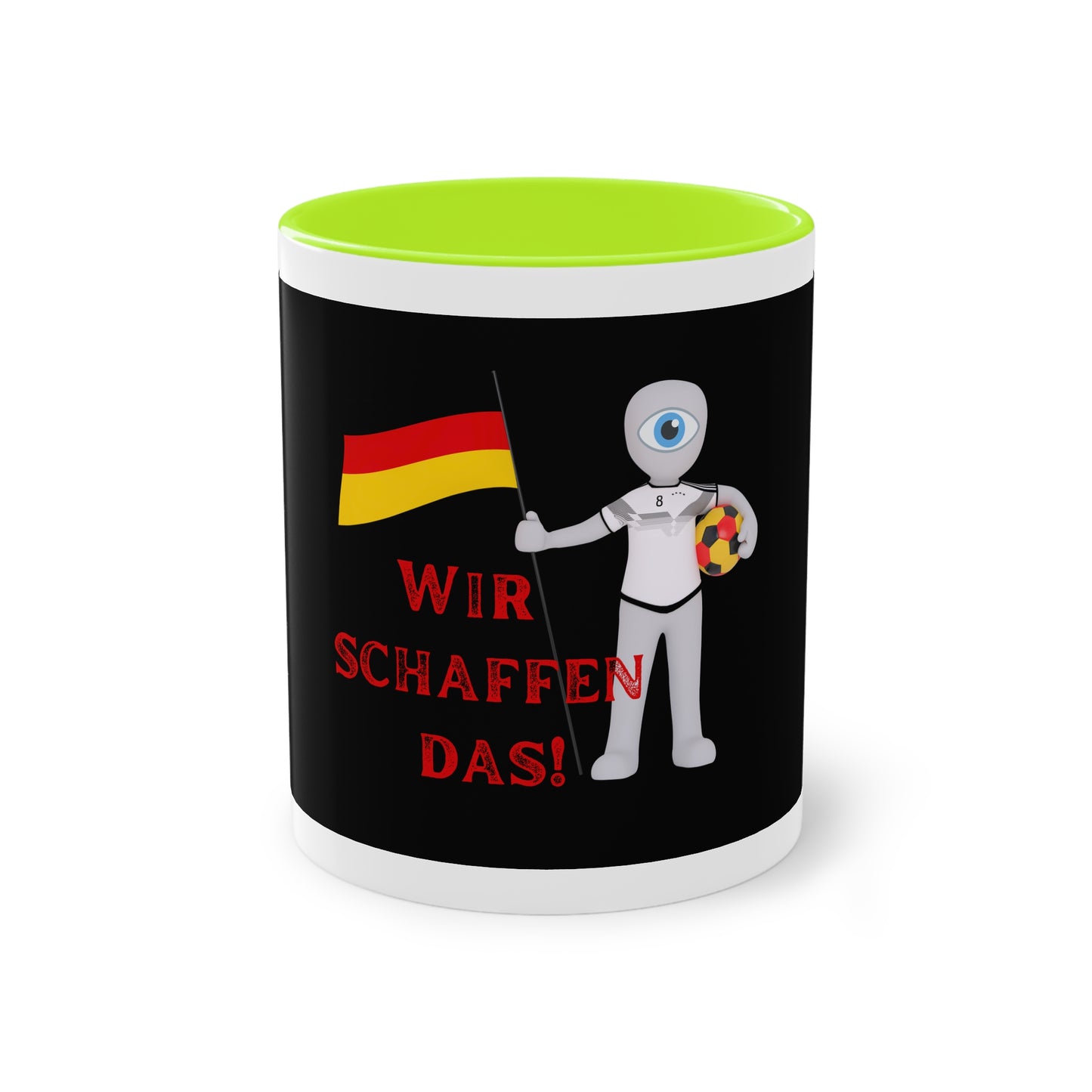 Wir schaffen das! - für Deutschland auf Kaffeetassen bedruckt; weißer Außenbereich mit mehrfarbigem Innenbereich und Henkel, große; 11 Unzen