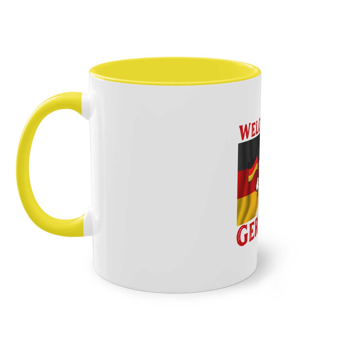 Welcome to Germany - Proud German culture auf Kaffeetassen, Teetassen bedruckt; weißer Außenbereich mit mehrfarbigem Innenbereich und Henkel, große; 11 Unzen.