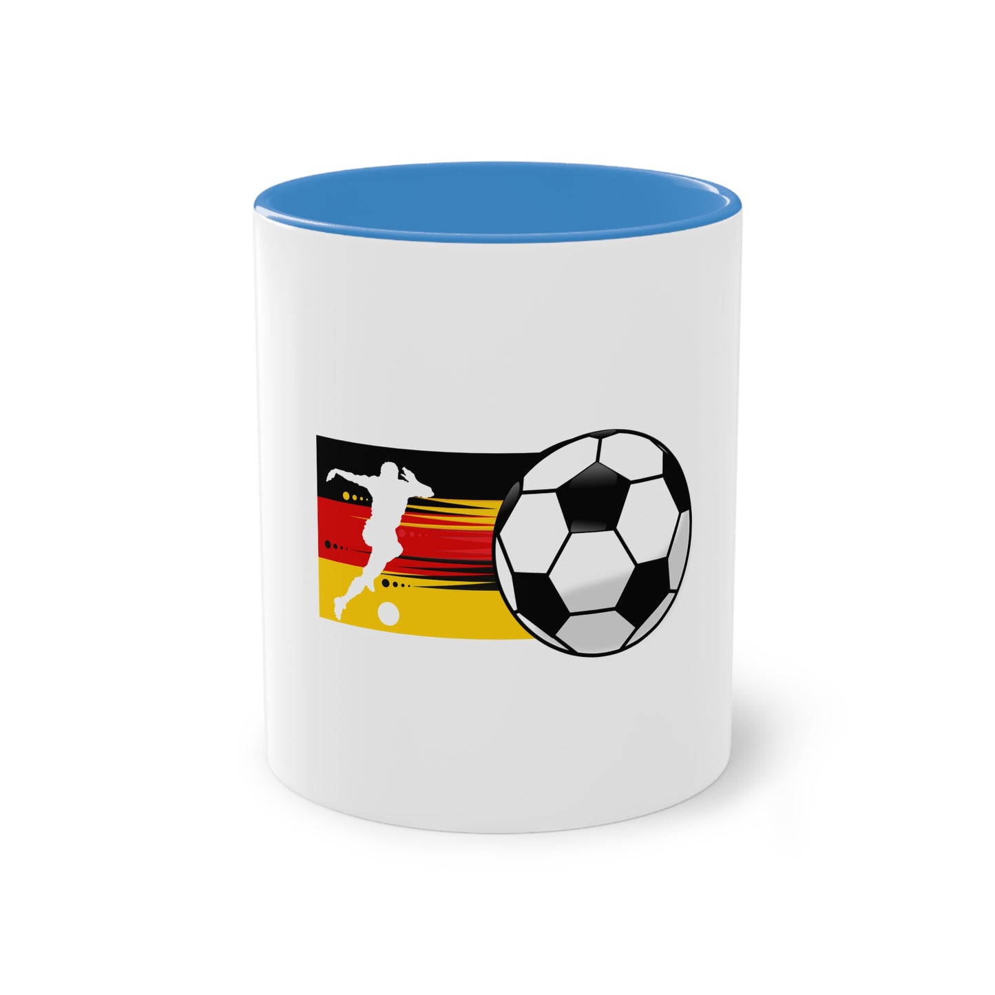 Die wahre Leidenschaft für Fußball auf Kaffeetassen bedruckt; weißer Außenbereich mit mehrfarbigem Innenbereich und Henkel, große; 11 Unzen