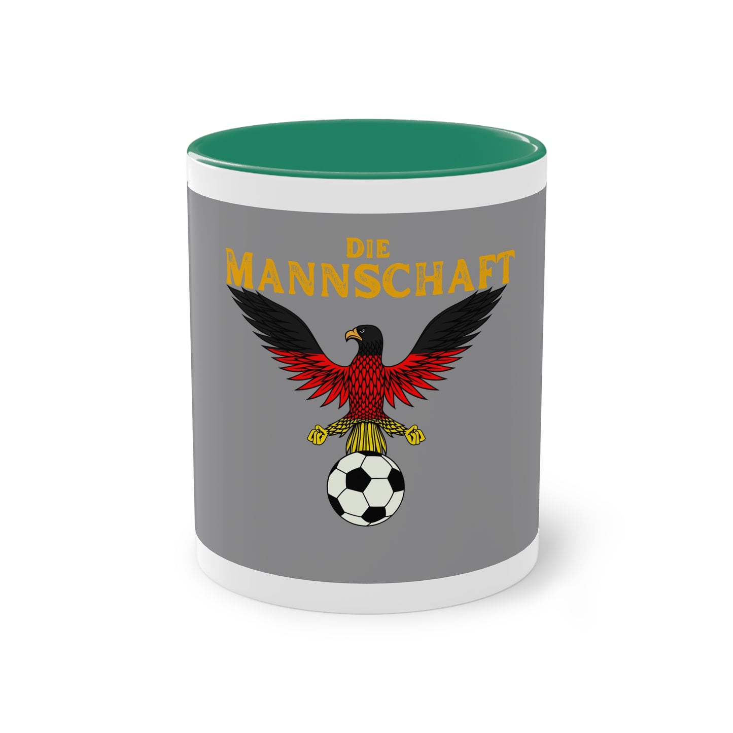 Die Mannschaft - Leistung ohne Ende auf Kaffeetassen, Teetassen bedruckt; weißer Außenbereich mit mehrfarbigem Innenbereich und Henkel, große; 11 Unzen.