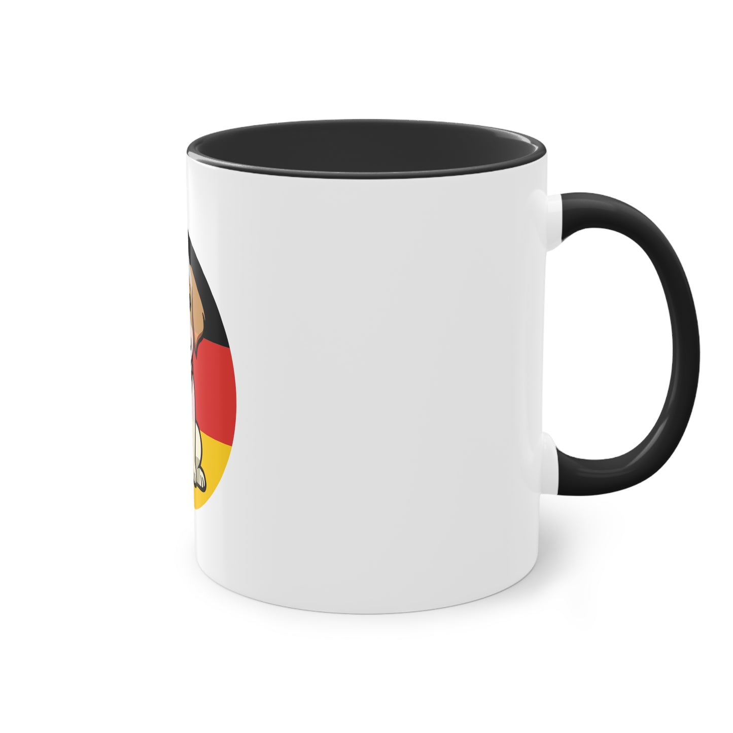 Deutschlands Bell-Brigade Puppy auf Kaffeetassen, Teetassen bedruckt; weißer Außenbereich mit mehrfarbigem Innenbereich und Henkel, große; 11 Unzen
