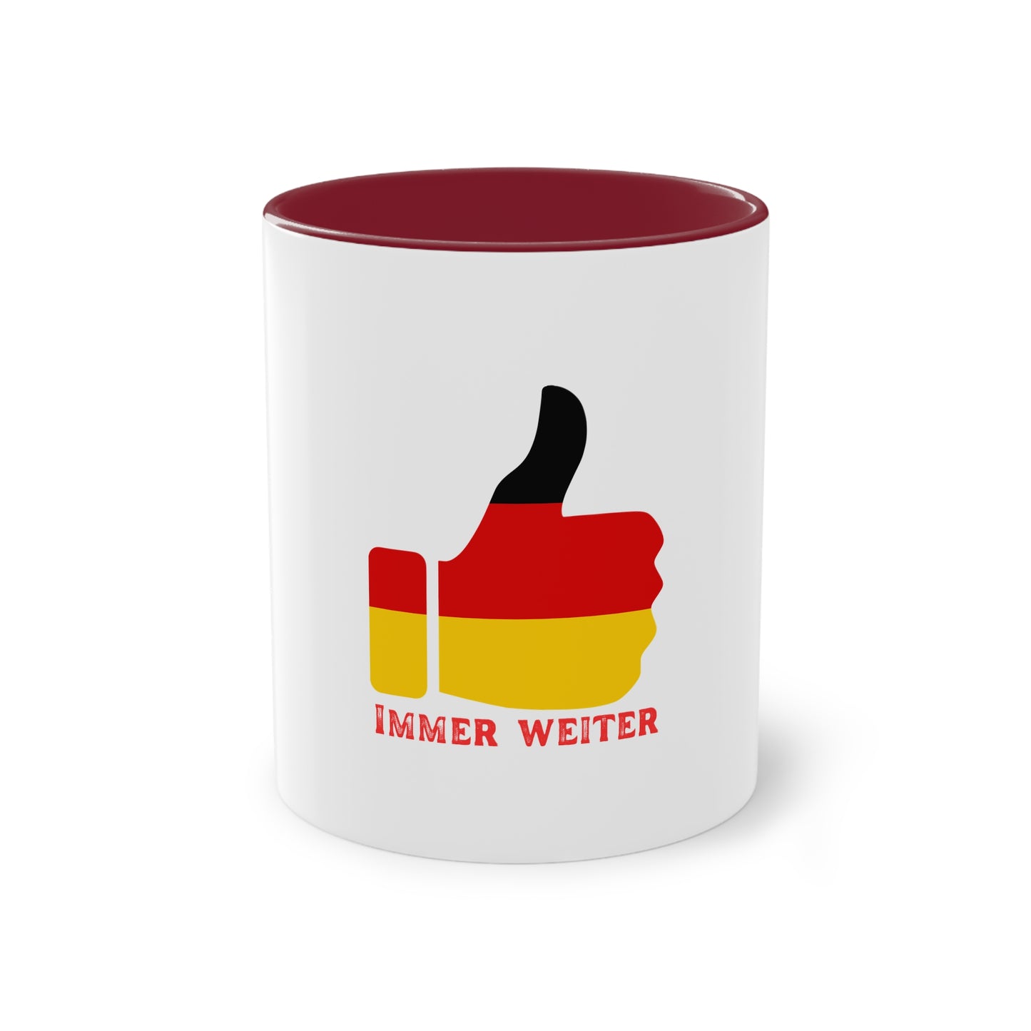 Immer weiter für Deutschland auf Kaffeetassen, Teetassen bedruckt; weißer Außenbereich mit mehrfarbigem Innenbereich und Henkel, große; 11 Unzen