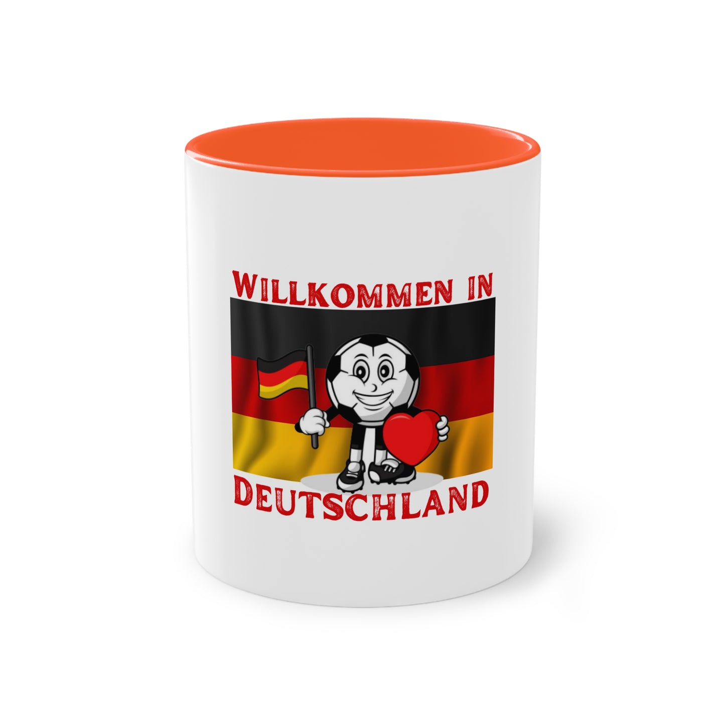 Willkommen in Deutschland - Stolz auf Deutschland - auf Kaffeetassen, Teetassen bedruckt; weißer Außenbereich mit mehrfarbigem Innenbereich und Henkel, große; 11 Unzen