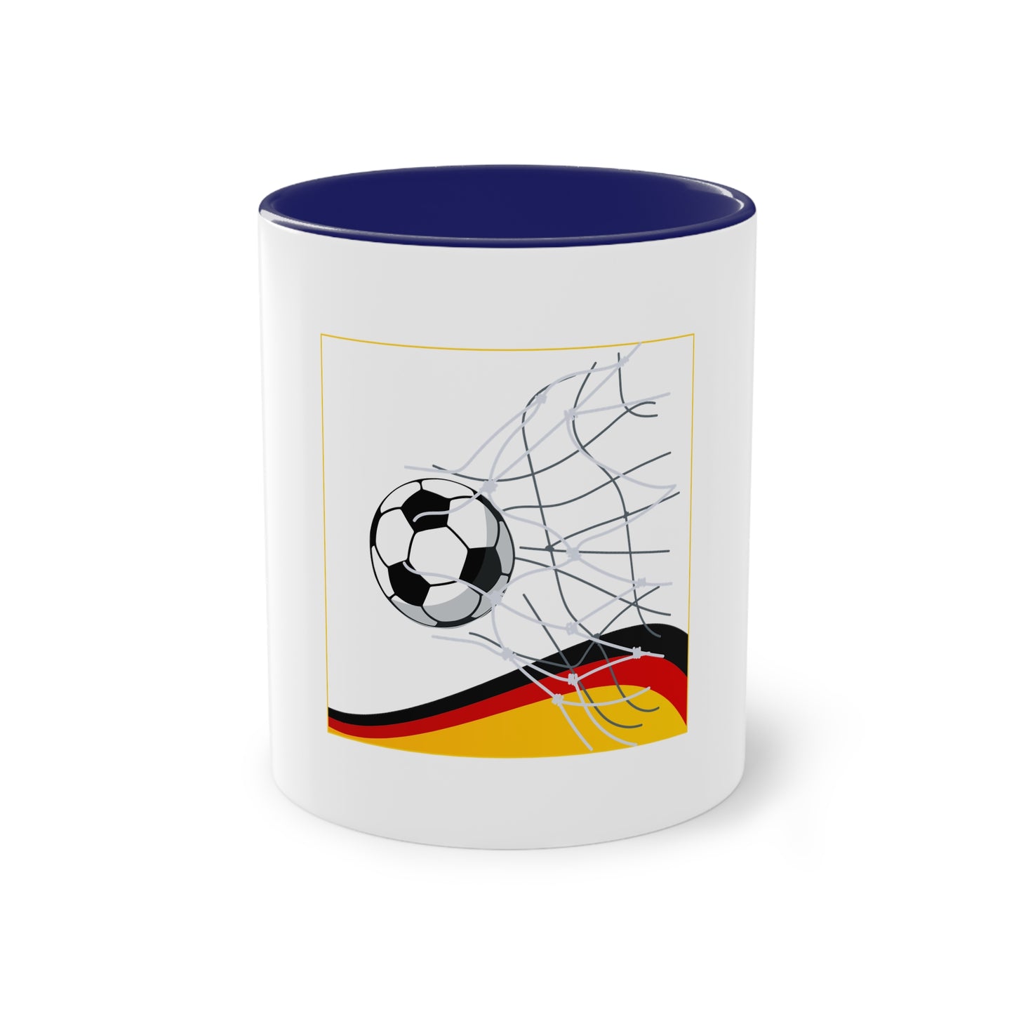 Deutschland Qualität Fußball auf Kaffeetassen, Teetassen bedruckt; weißer Außenbereich mit mehrfarbigem Innenbereich und Henkel, große; 11 Unzen