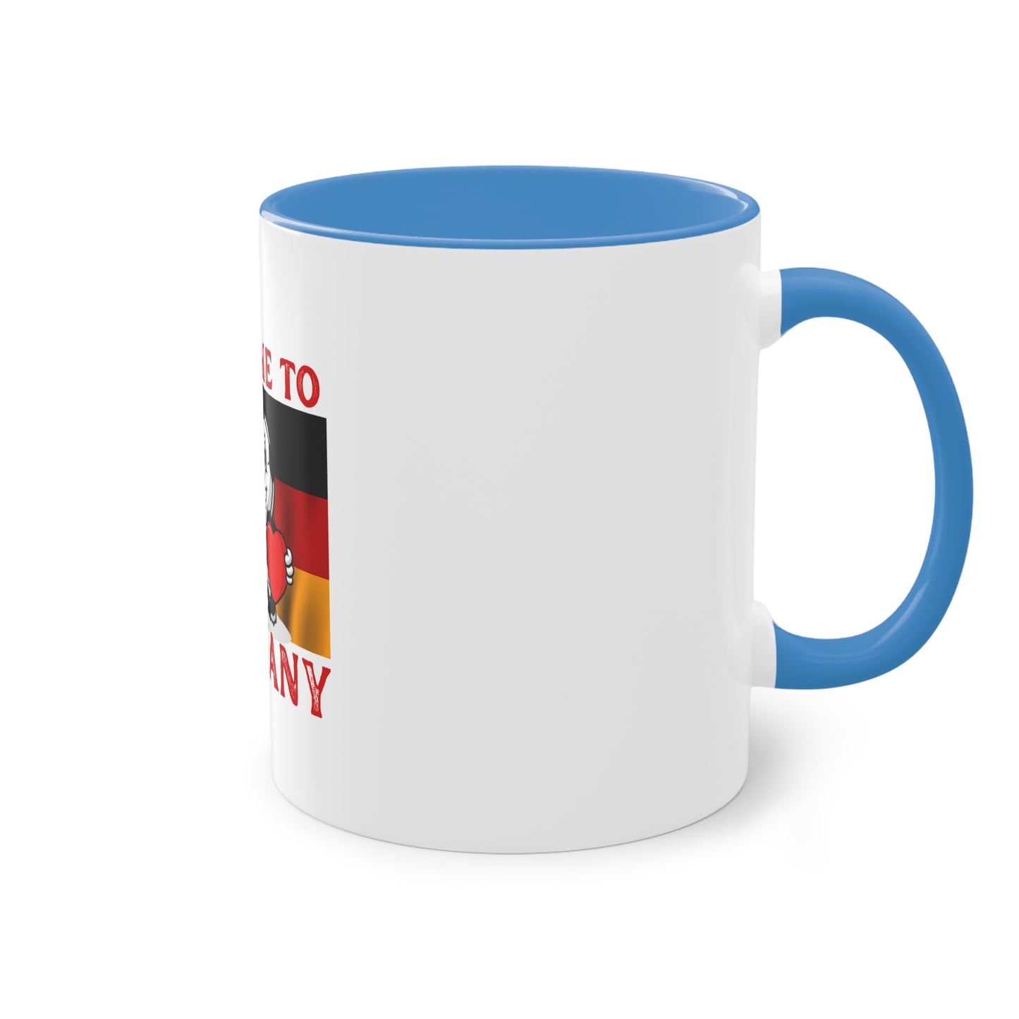 Welcome to Germany - Proud German culture auf Kaffeetassen, Teetassen bedruckt; weißer Außenbereich mit mehrfarbigem Innenbereich und Henkel, große; 11 Unzen.