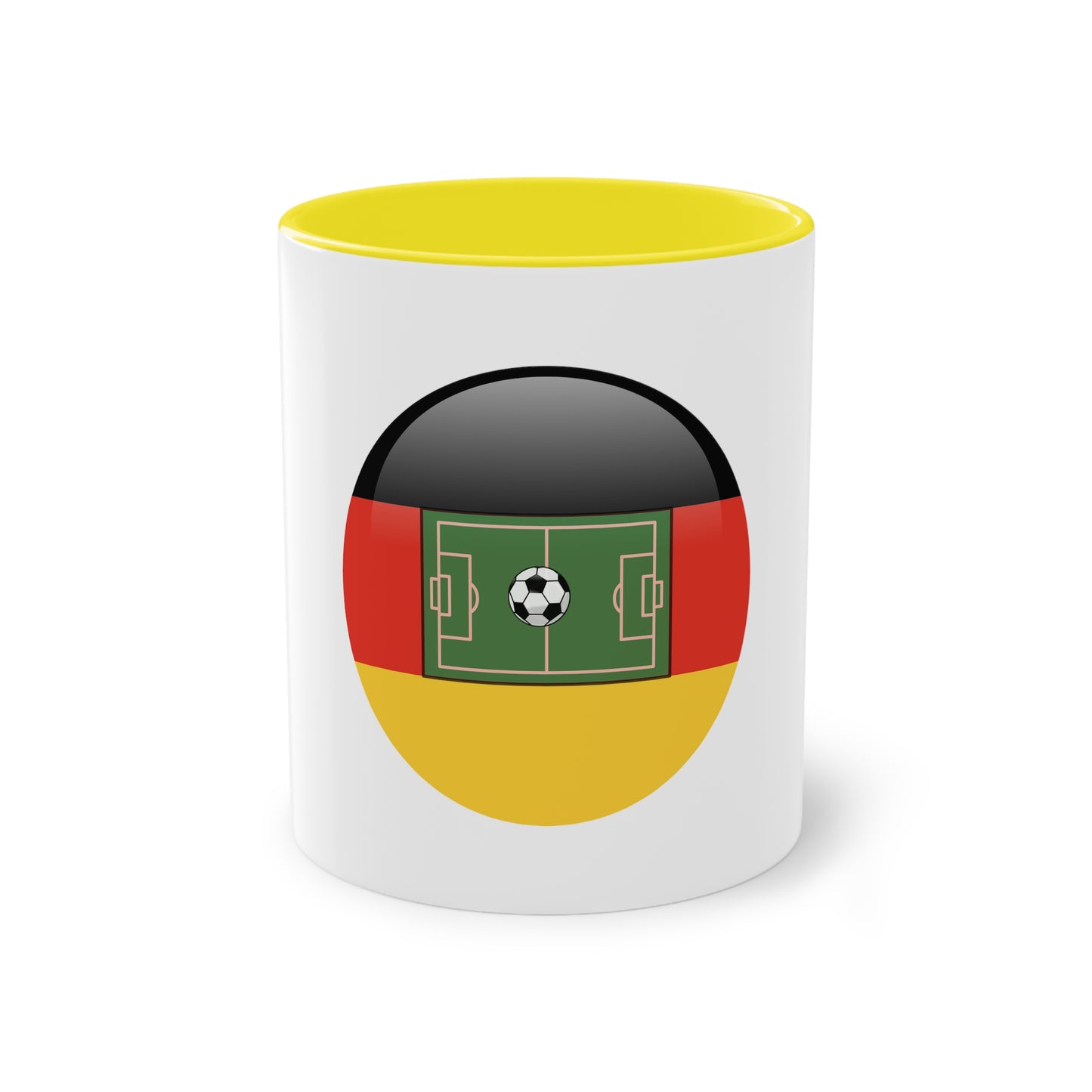 Top Qualität deutsches Soccer - auf Kaffeetassen, Teetassen bedruckt; weißer Außenbereich mit mehrfarbigem Innenbereich und Henkel, große; 11 Unzen