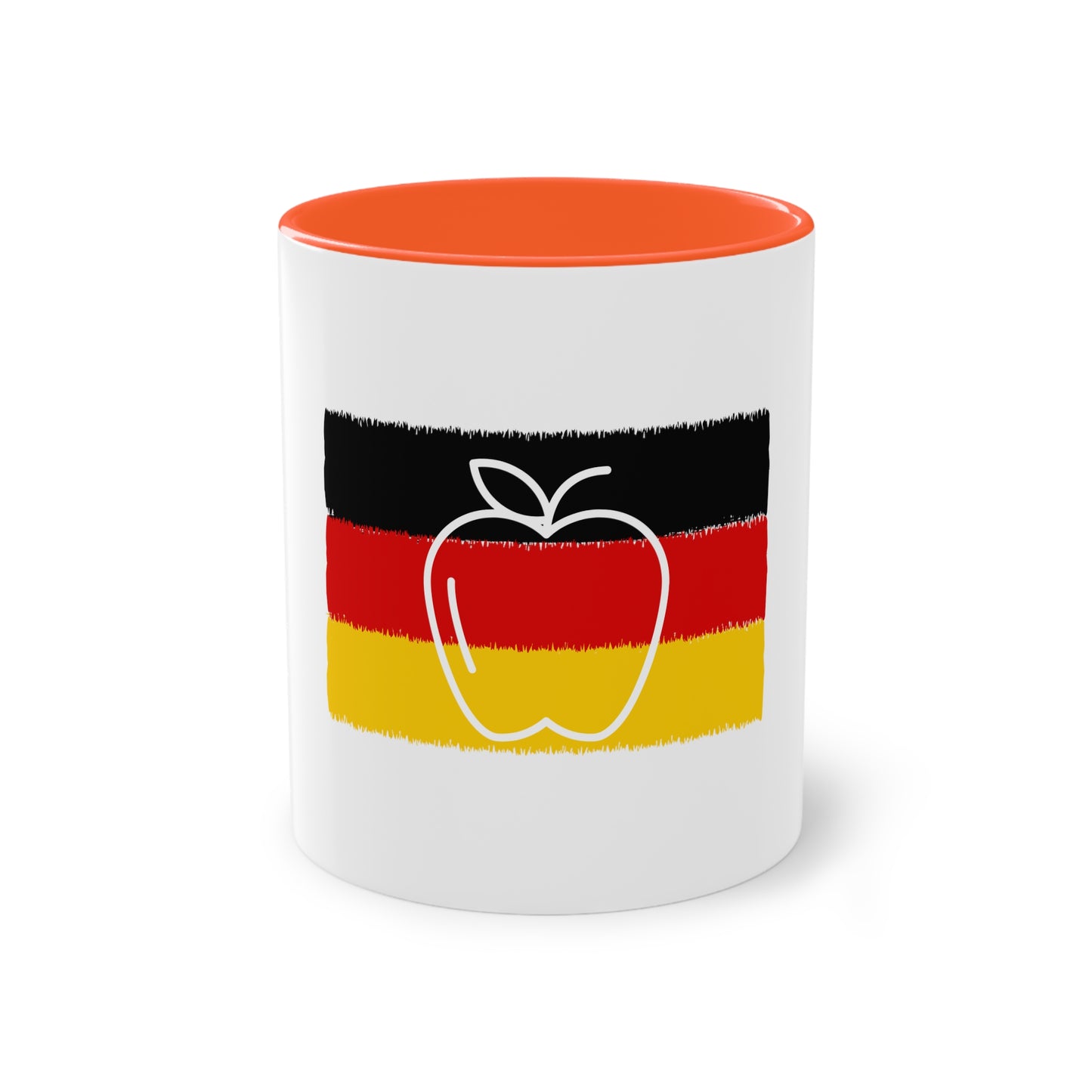 Apfel, ein Symbol für Energie und Liebe auf Kaffeetassen, Teetassen bedruckt; weißer Außenbereich mit mehrfarbigem Innenbereich und Henkel, große; 11 Unzen