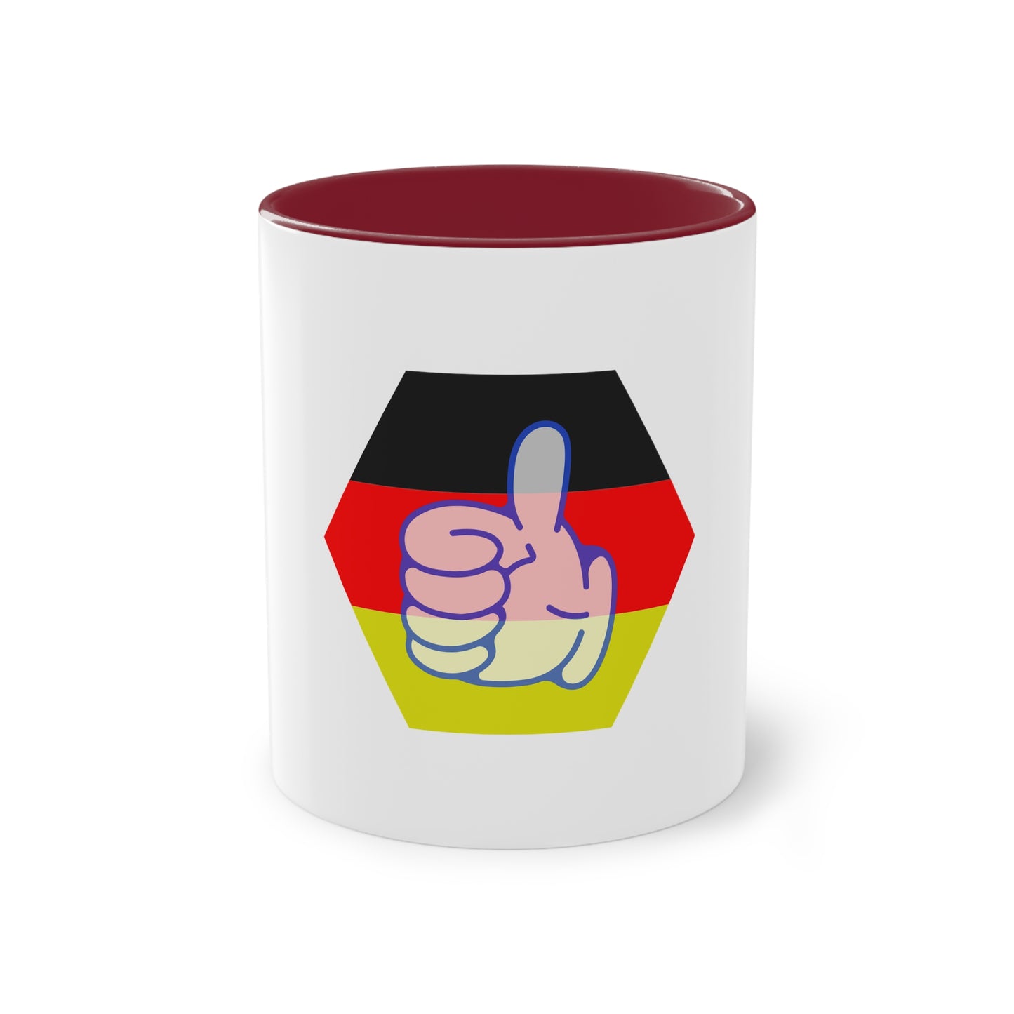 DE Thumbs-up auf Kaffeetassen, Teetassen bedruckt; weißer Außenbereich mit mehrfarbigem Innenbereich und Henkel, große; 11 Unzen