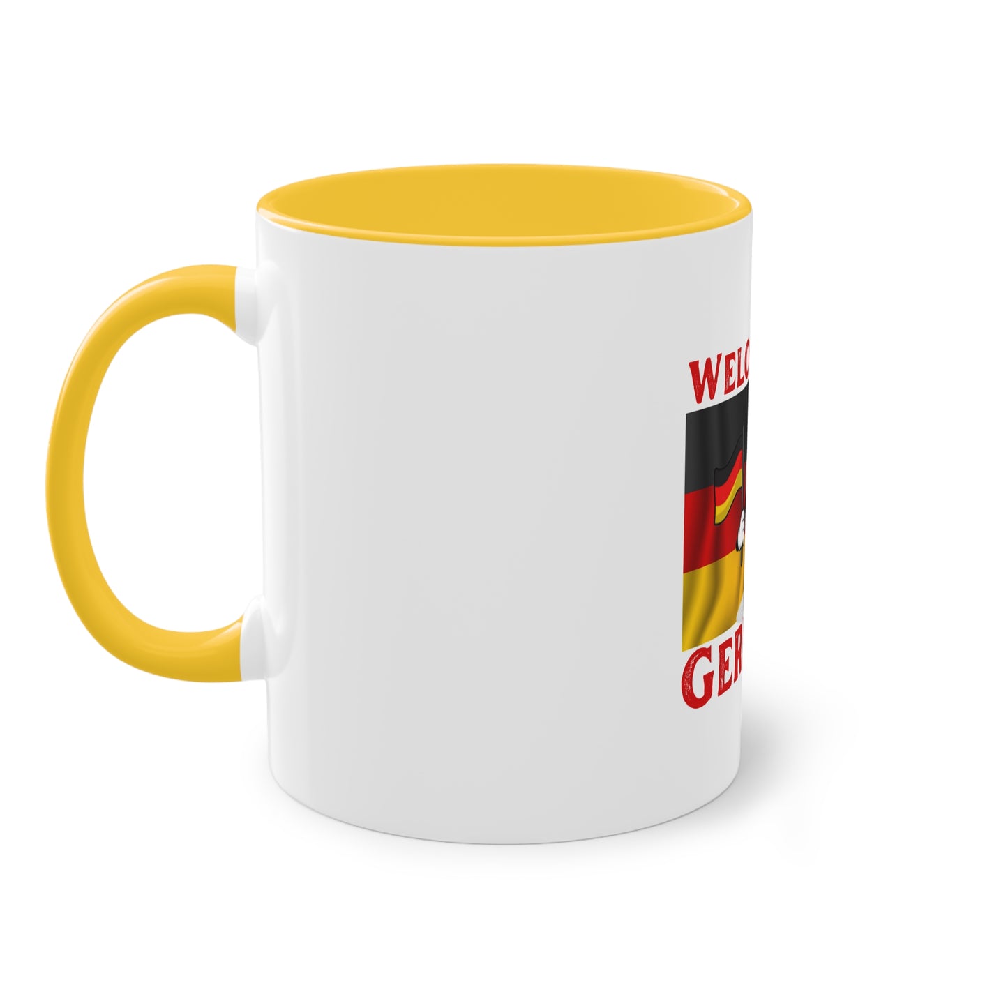 Welcome to Germany - Proud German culture auf Kaffeetassen, Teetassen bedruckt; weißer Außenbereich mit mehrfarbigem Innenbereich und Henkel, große; 11 Unzen.