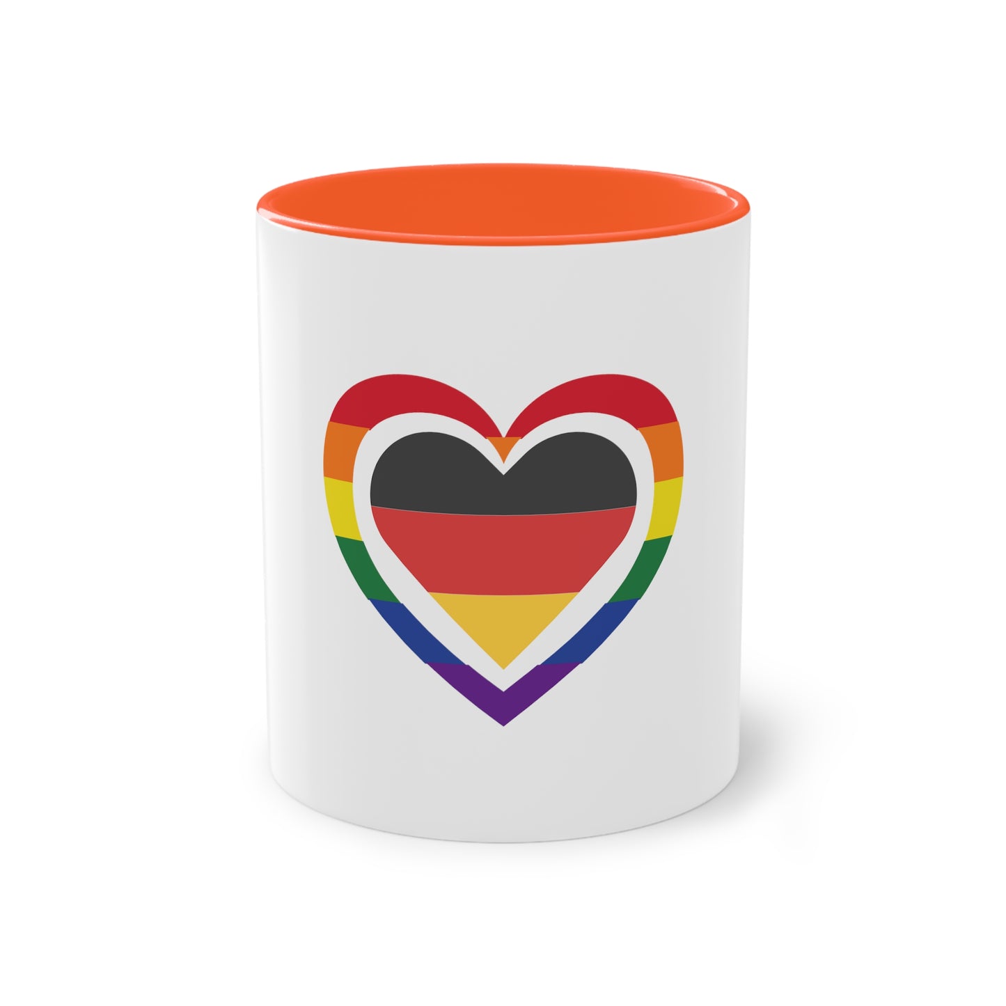 Regenbogen Liebe für Deutschland, für Vielfalt, Verständnis und Akzeptanz auf Kaffeetassen bedruckt; weißer Außenbereich mit mehrfarbigem Innenbereich und Henkel, große; 11 Unzen