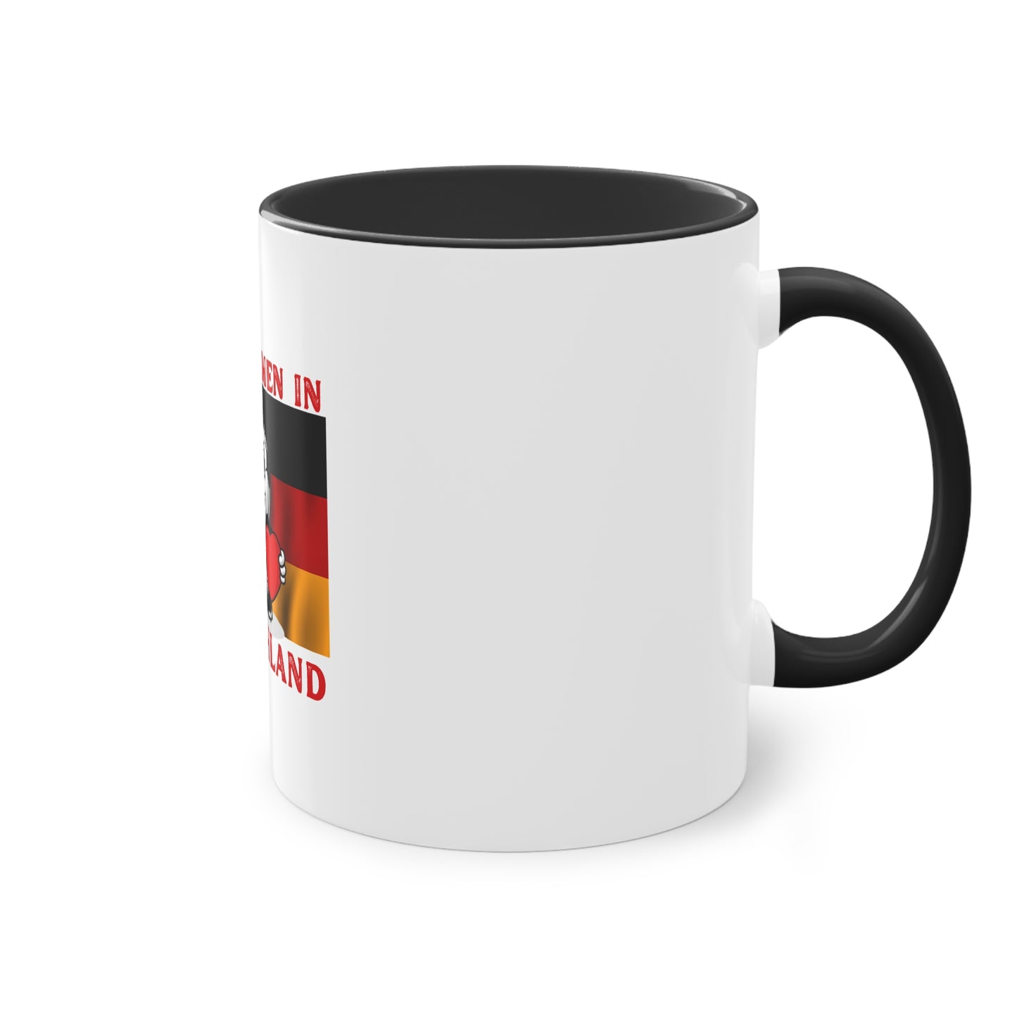 Willkommen in Deutschland - Stolz auf Deutschland - auf Kaffeetassen, Teetassen bedruckt; weißer Außenbereich mit mehrfarbigem Innenbereich und Henkel, große; 11 Unzen
